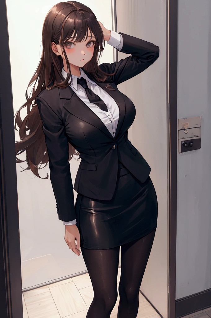 brown hair,Shoulder-length hair,blue eyes,OL,Tight skirt suit ,red glasses,Are standing,purple underwear,panties are visible,shy,Crossed legs,sexy pose,high heels,Put your hands inside your underwear