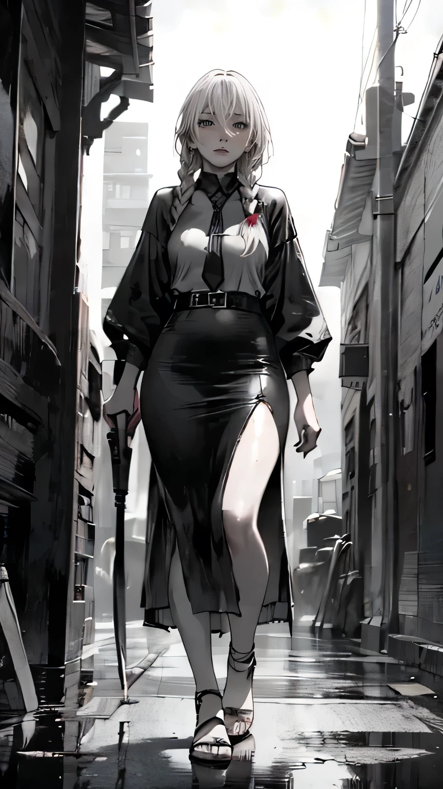 a woman with a massive blood-soaked axe, messy hair, long braids, white-dyed hair, age 28, charming atmosphere, attractive, beautiful, blood-stained ground at her feet, (best quality,8k,hyper-detailed:1.2),extremely detailed face and eyes,extremely detailed skin and hair,dark and moody lighting,dramatic lighting,chiaroscuro lighting,cinematic,dark fantasy,gothic,dark colors,dramatic colors