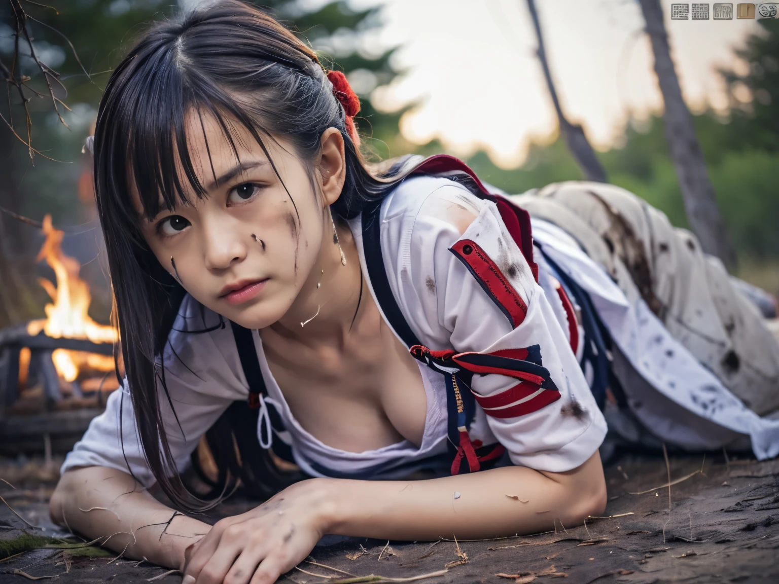 (Low angle shot of one slender small breasts half up brown long hair with bangs girl in a samurai silver armor:1.5)、(One girl is lying with her back behind on the wilderness land at the Sengoku period in Japan with crying dirty sperm splashed face:1.5)、(One girl has splashed sperm and blood on her face and body:1.5)、(One girl is tied wrist by rope:1.5)、(The big fire and burning trees on the wilderness land with red sky:1.5)、(blurred background:1.5)、(Natural light:1.5)、(8k ultra detailed master piece:1.5)、(perfect anatomy:1.5)、(Photorealistic stick:1.5)、(Raw photo:1.3)、(highest quality:1.5)、(High resolution:1.3)、(Delicate and beautiful perfect face:1.3)、(Delicate and beautiful eye air skin:1.3)、(Real Human Skin:1.3)、((thin legs))