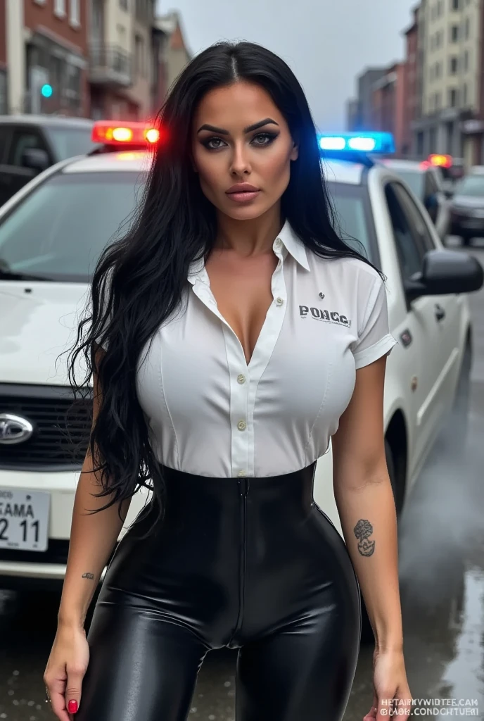 ev1lw0m4nflx, Uniformed police woman wearing solid white blouse and leather leggings, police cars in background, police lights