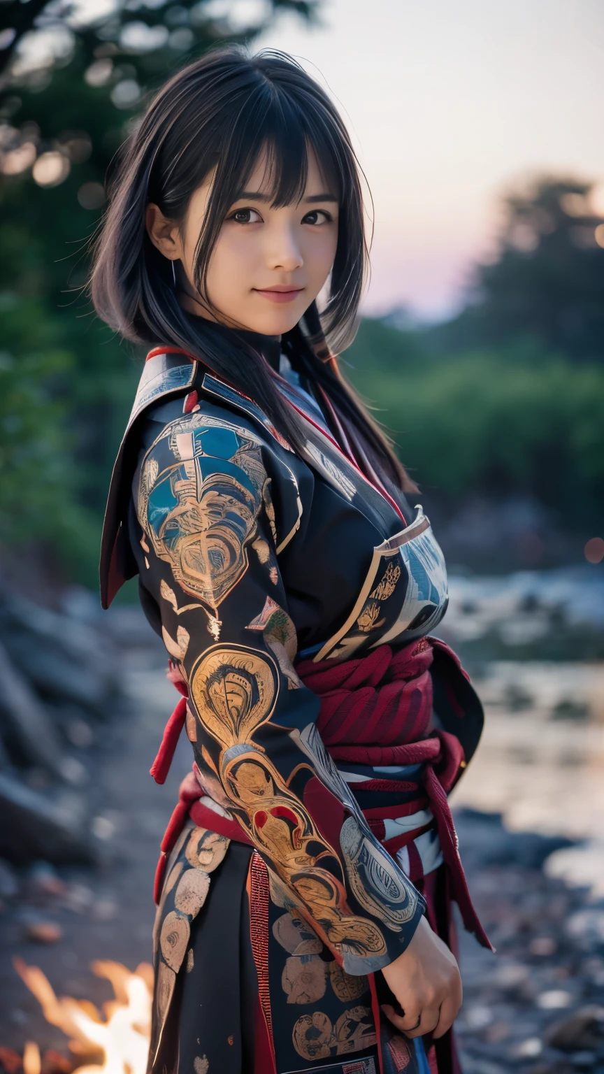 (Close up portrait of one slender small breast two side up black medium hair with bangs girl in a black colored dirty armor warrior as samurai in Japan :1.5)、(One girl take a rest near the bonfire on the wilderness land in old Japan with dirty little smile:1.5)、(Dark midnight background:1.5)、(blurred background:1.5)、(Natural light:1.5)、(8k ultra detailed master piece:1.5)、(perfect anatomy:1.5)、(Photorealistic stick:1.5)、(Raw photo:1.3)、(highest quality:1.5)、(High resolution:1.3)、(Delicate and beautiful perfect face:1.3)、(Delicate and beautiful eye air skin:1.3)、(Real Human Skin:1.3)、((thin legs))