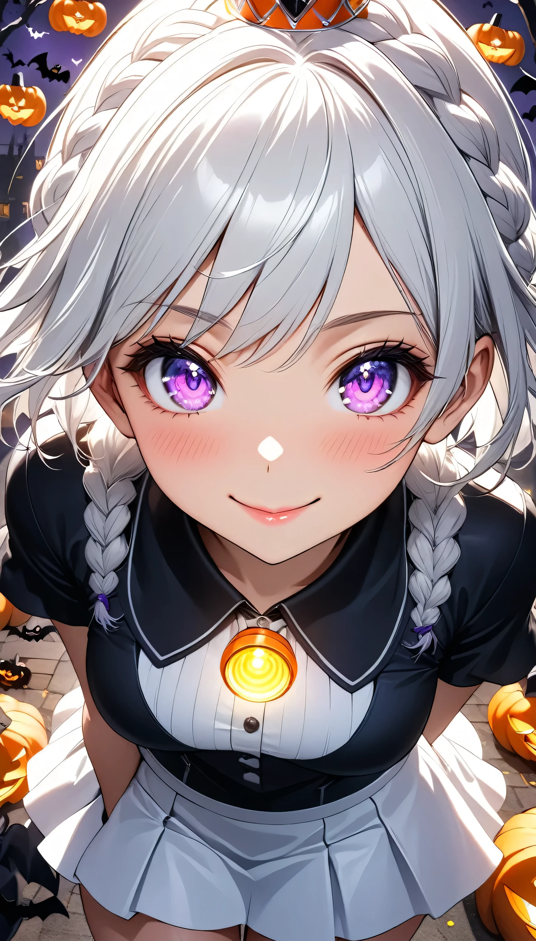 (beautiful girl:1.3),masterpiece,Please redeem,Ultra-high resolution,rich contrast,Very high quality,8k,Highly detailed CG unit wallpaper,Texture,So ridiculous,RAW Photos,Highest quality anime,Depth of written boundary 1.2,ultra-detailed eyes,Glowing Skin,Glitter Effect,Beautiful glossy lips,(Crown braid,Silver-white hair),( Halloween ),I look like I'm about 18 years old,ROUGH,(The tip of the skirt is equipped with a round light that emits yellow light).big and round butt,girl　Alone, fantastic,SDXL,l smile,Violet eyes,Embarrassing,blush,Leaning forward,Looking up,Tilt your head,(smile, closed mouth)