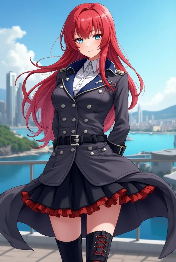 Highly detailed and realistic CG, Colorful, Masterpiece, Best Quality, jewel-like eyes, 1girl, solo, cute girl, red hair, shiny hair, midium hair, black military suits, black military cap, black elbow gloves, black pantyhose, amber eyes, necktie, brown military boots, hand on hip, contrapposto, evil smile, seductive smile, smirk, from below, large breasts, layered skirt, outdoors, building, full body, villain, latex, shiny skin, whipping,