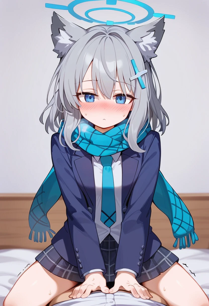 Sand Wolf Shiroko、 blue archive 。  blue eyes , Grey Hair,  Hair Ornament, Hairpi,  MEDIUM STRAIGHT HAIR, Wolf ears,  Plaid Skirt, Wear a navy blue blazer, tie。Scarves and scarves ,  location is on a love hotel bed at dusk .。 She is straddling a man facing downwards 。An expression that blushes her face quite a bit and is ecstatic。 I'm breathing hot and I'm sweating  .。Halo above head。Silver Hair。 Cowgirl。blazer uniform、Wearing a light blue スカーフ。Wearing a blue Hairpiン。スカート is grey in colour。My hips are shaking。Her lower body shakes 。First-person view。Cool face。 piston movement 