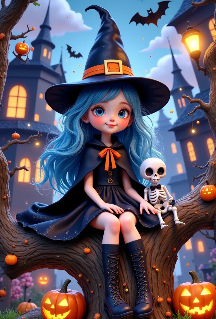 pixar style,3D cartoon style,Halloween night,a girl wearing a black cape wearing a playful witch's hat,long blue hair flowing in the wind,sitting in a tree, Next to it is a cute mini big eyed skeleton with white bones and a black bow tie, surrealistic elements and modern urban landscape clever fusion,produce a strong visual impact and eye-catching attention. Look up,pop Mart made,smooth and fine,clay material,octane render,super detail,8k