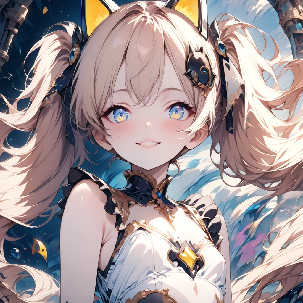 Absurd,anime,Detailed and beautiful eyes,(art),(artistic clothing:1.5),Cat costume,ハートサイン,sleeveless,Blonde, twin tails,smile,(a girl:1.5),from the waist up,(small breasts:1.2),(small chest:1.2),mysterious,Hello,(Large detailed hair ornament:1.2),(look away:1.5),detailed clothes,Flashy Moves,Mechanical,masterpiece, moe kawaii,abyss,luster,lame,(ultra detailed:1.2), ((highest quality)) ,Extremely Delicately Beautiful ,64k