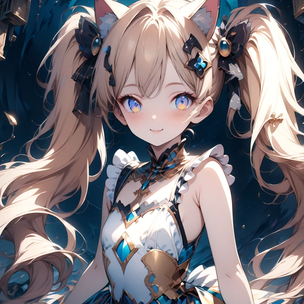 Absurd,anime,Detailed and beautiful eyes,(art),(artistic clothing:1.5),Cat costume,ハートサイン,sleeveless,Blonde, twin tails,smile,(a girl:1.5),from the waist up,(small breasts:1.2),(small chest:1.2),mysterious,Hello,(Large detailed hair ornament:1.2),(look away:1.5),detailed clothes,Flashy Moves,Mechanical,masterpiece, moe kawaii,abyss,luster,lame,(ultra detailed:1.2), ((highest quality)) ,Extremely Delicately Beautiful ,64k