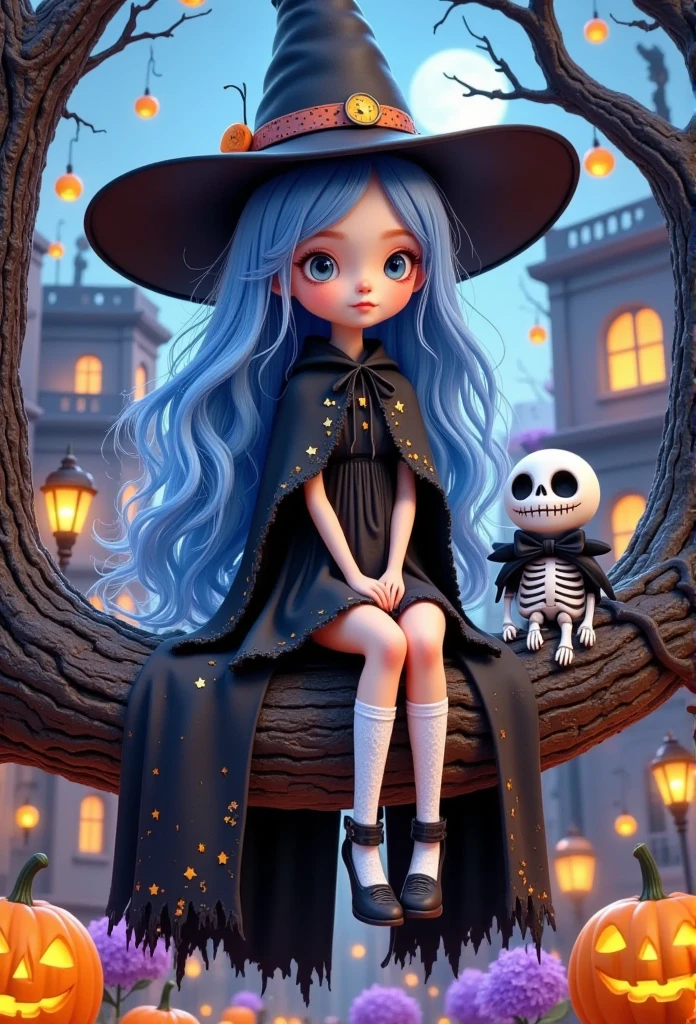 pixar style,3D cartoon style,Halloween night,a girl wearing a black cape wearing a playful witch's hat,long blue hair flowing in the wind,sitting in a tree, Next to it is a cute mini big eyed skeleton with white bones and a black bow tie, surrealistic elements and modern urban landscape clever fusion,produce a strong visual impact and eye-catching attention. Look up,pop Mart made,smooth and fine,clay material,octane render,super detail,8k