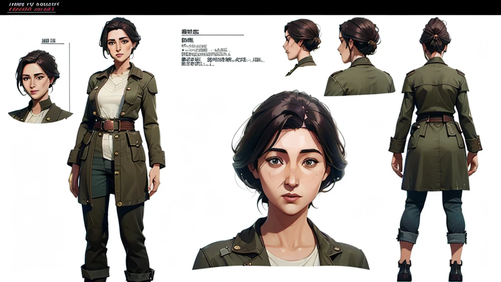 ((character design sheet, same character, front view)), (full body), Sci-fi, industrial cassette futurism, (masterpiece), (Best quality), (perfect face), illustration, 1girl, over coat, worn and dirty mechanics suit, baggy pants, tool belts, mature age, detailed hair, pretty face, happy, plain background