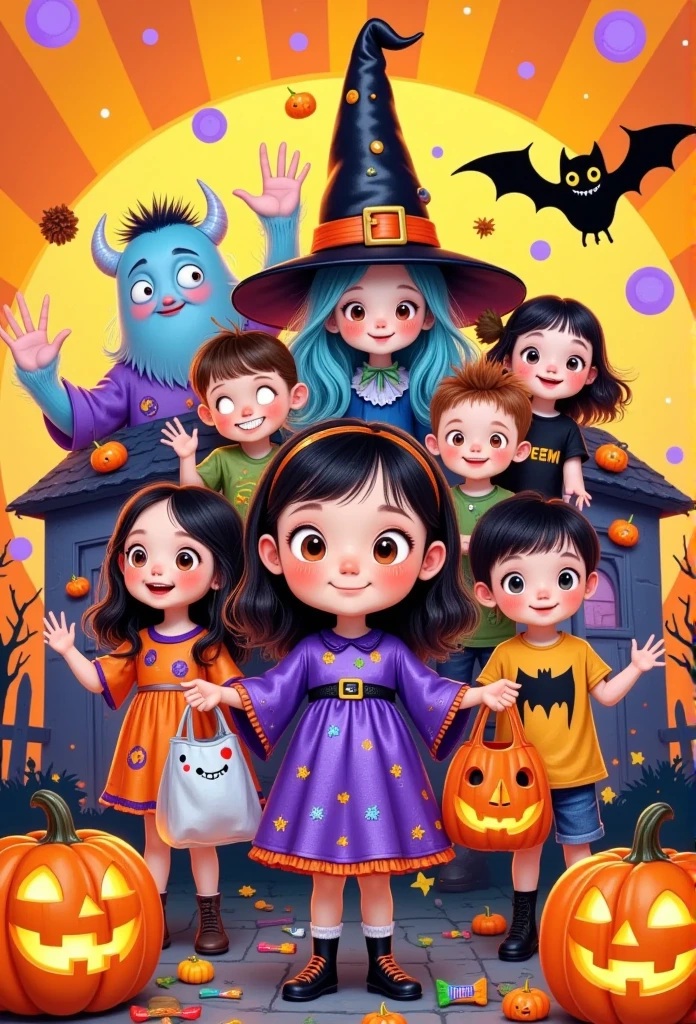 halloween  at William's house, cartoon characters, children dressed in Halloween costumes and holding candy bags, bright orange background with yellow stripes and purple dots for each character, kids movie style poster, colorful, fun