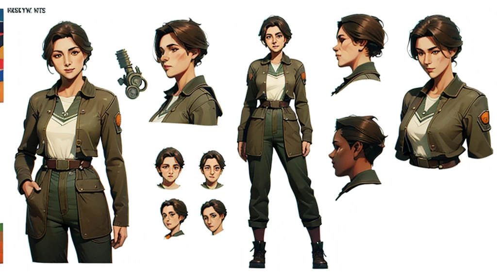 ((character design sheet, same character, front view)), (full body), Sci-fi, industrial cassette futurism, (masterpiece), (Best quality), (perfect face), illustration, 1girl, over coat, worn and dirty orange mechanics suit, baggy pants, tool belts, mature age, detailed hair, pretty face, happy, plain background