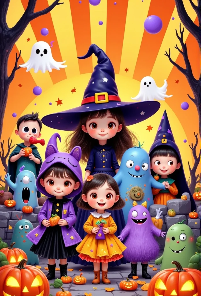 halloween  at William's house, cartoon characters, children dressed in Halloween costumes and holding candy bags, bright orange background with yellow stripes and purple dots for each character, kids movie style poster, colorful, fun