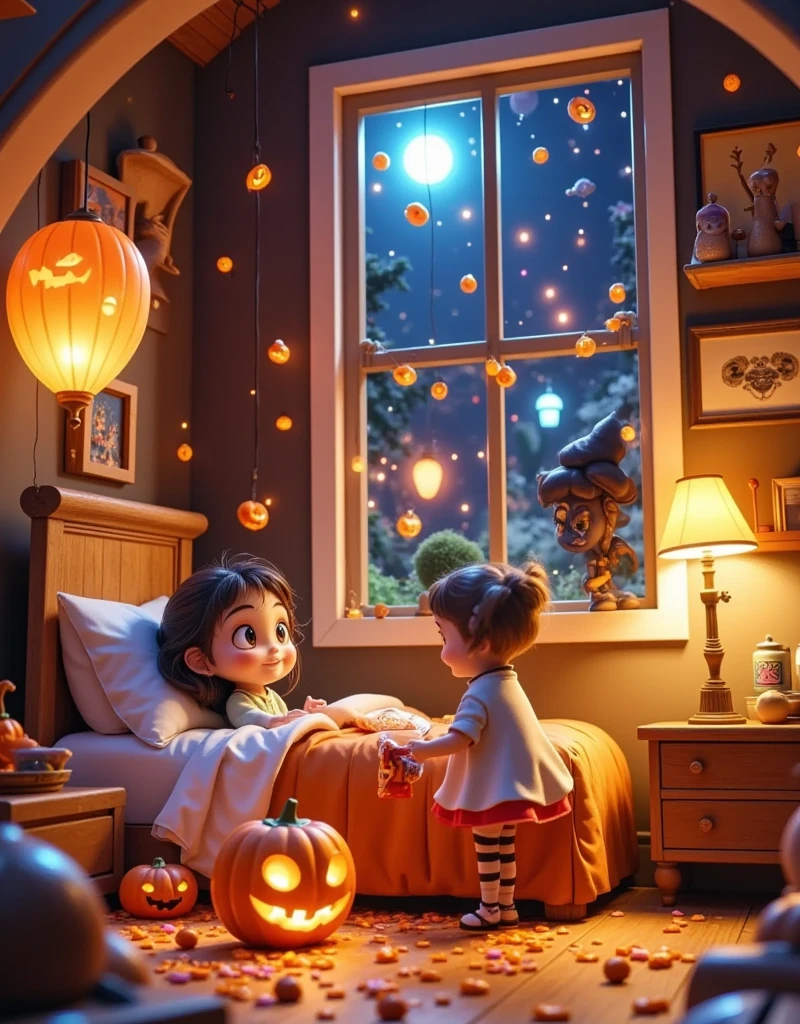 夜晚的indoor，One sleeps in bed ， A werewolf secretly placed a bag of candy by the girl's bedside， outside the window and the vampire and mummy are laughing watching ，Warm tones， cozy scene ，Pixar style，indoor， high contrast ，High Detail，Dark