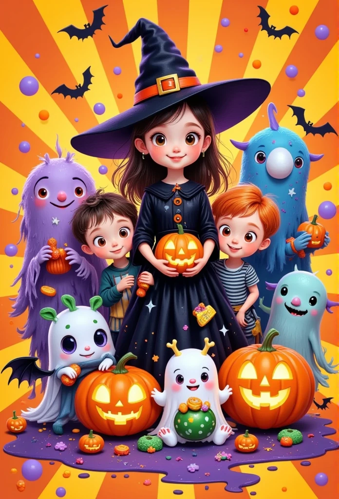 halloween  at William's house, cartoon characters, children dressed in Halloween costumes and holding candy bags, bright orange background with yellow stripes and purple dots for each character, kids movie style poster, colorful, fun