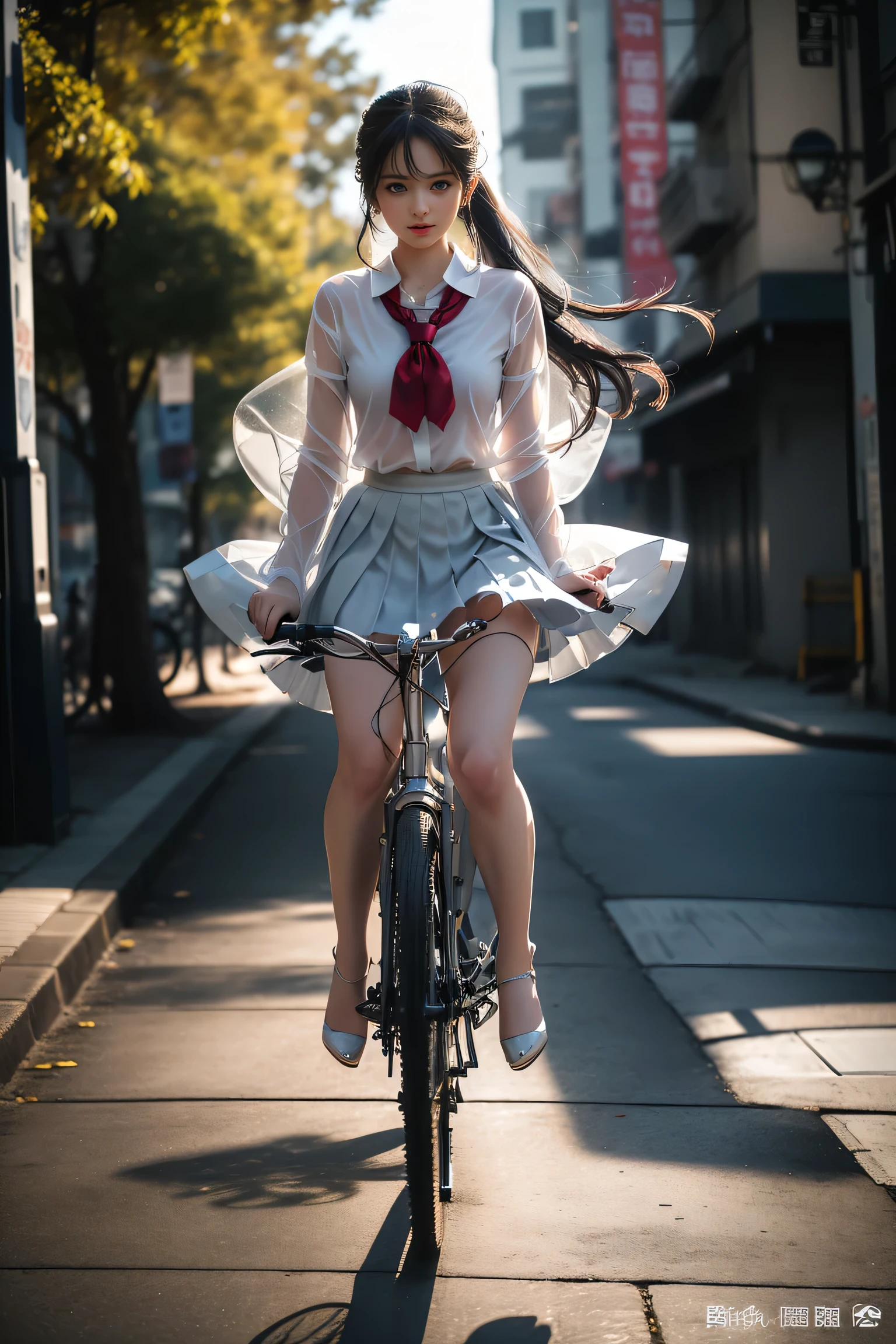 (( girl riding a bicycle in lakeside park))、Fluorescent color、 one girl 、Look to the side、Beautiful Face、 beautiful eyes、(Big Blue Eyes)、( Silver Dull Eyes ) (Her body lines are clear due to strong winds ）、Shiny Hair、Glowing Skin、Glare Reduction 、 Finger Proportion Adjustment 、Escrow、Bat View、（silhouette）、 dynamic angles 、Master Parts、（Best Quality クオリティ）、（Super detailed）、（Illustration）、（Detailed light）、（ very delicate and beautiful）、 Dramatic Shadows 、(Riding a bicycle)、reflection、超 Kampala、（Master Parts）、（Super detailed）、（Illustration）、（Detailed light）、（ very delicate and beautiful）、 Dramatic Shadows 、 ray tracing、reflection、超 Kampala  Kampala、（Master Parts）、（Best Quality）、（Ultra HD）、 Kampala、（ Colorful Hair and Mesh ）、( hair fluttering in the wind)、（big、 Blue Eyes）、Silver Hair、Hair woman、Sparkling butterfly、 Sparkling Petals 、黒Hair woman、Point of Light。Magical Aura、Green dot、The true nature of aura、Magical Aura黒Hair woman、(( white blouse、Red tie、checked flared miniskirt ：1. 3）、（ Skirt Flutters in the Wind ）、（(Riding a bicycle)）（Petals are dancing）、（ White Panties Visible ）、（ Full Body Shot ）、slim、（Long legs）、（High heels）、