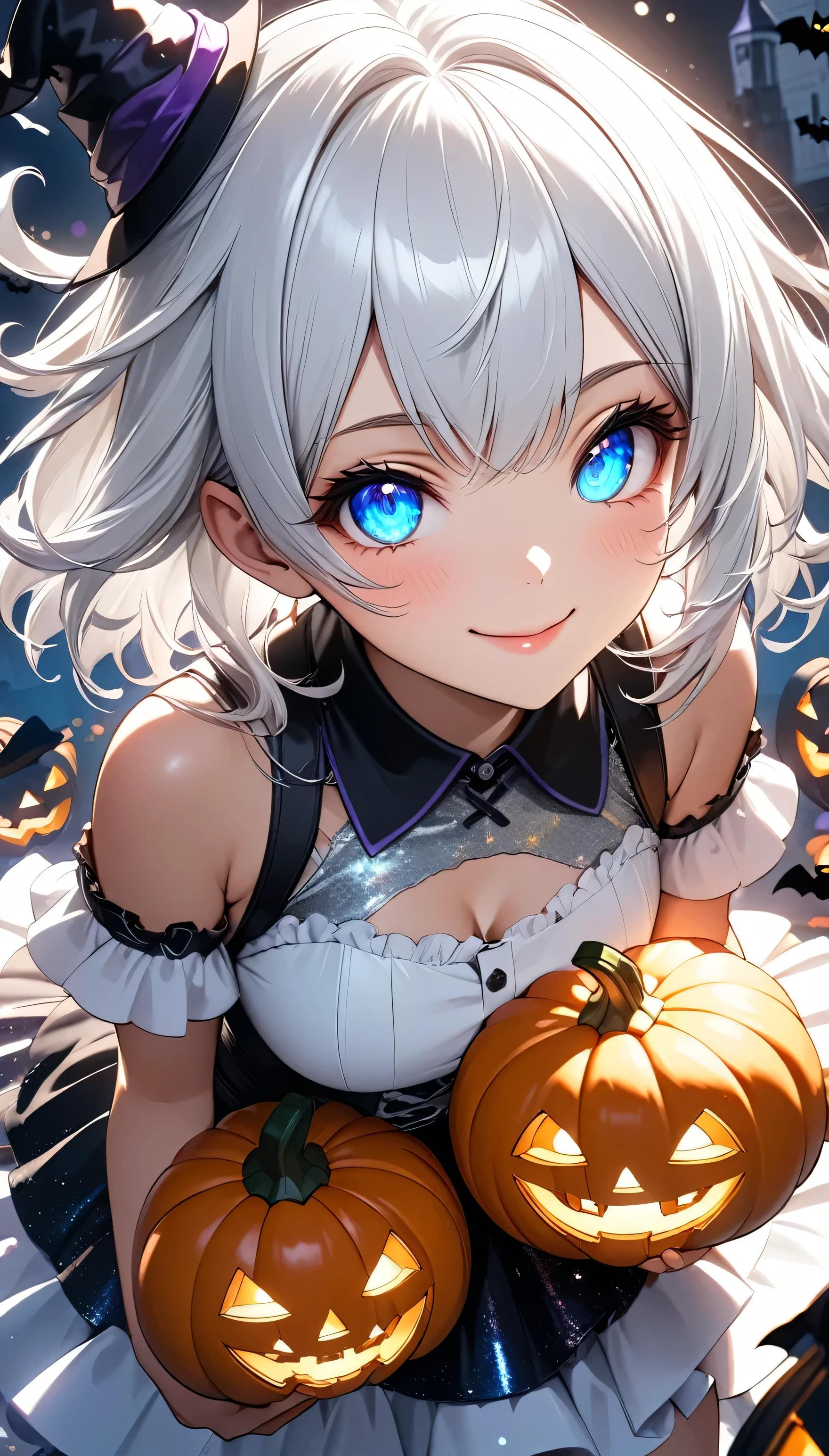 (beautiful girl:1.3),masterpiece,Please redeem,Ultra-high resolution,rich contrast,Very high quality,8k,Highly detailed CG unit wallpaper,Texture,So ridiculous,RAW Photos,Highest quality anime,Depth of written boundary 1.2,ultra-detailed eyes,Glowing Skin,Glitter Effect,Beautiful glossy lips,(double pumpkinbuns,Silver-white hair),( Halloween ),I look like I'm about 18 years old,ROUGH,(The tip of the skirt is equipped with a round light that emits yellow light).big and round butt,girl　Alone, fantastic,SDXL,(((happy smile))),(smile, closed mouth)