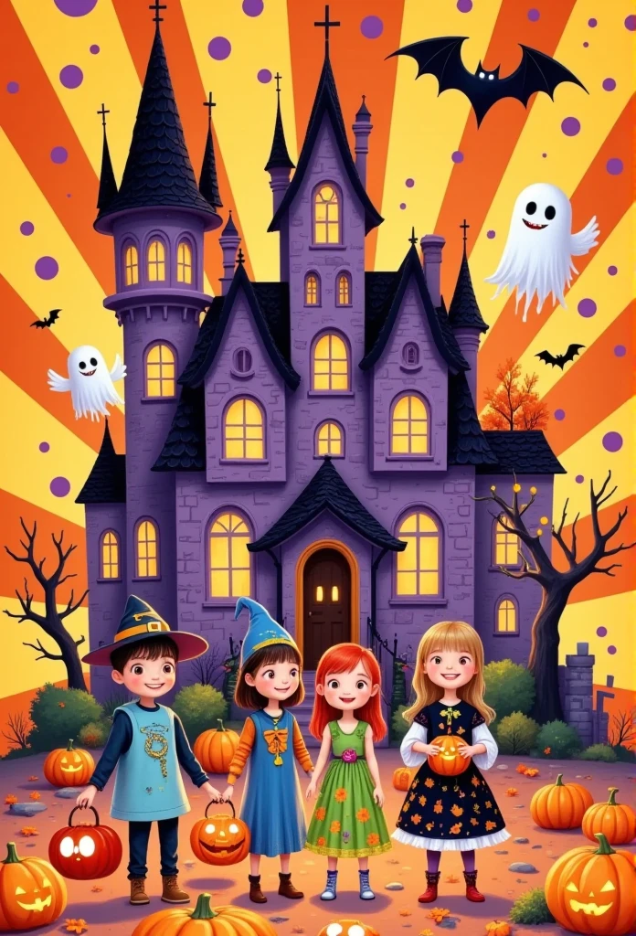 halloween  at William's house, cartoon characters, children dressed in Halloween costumes and holding candy bags, bright orange background with yellow stripes and purple dots for each character, kids movie style poster, colorful, fun