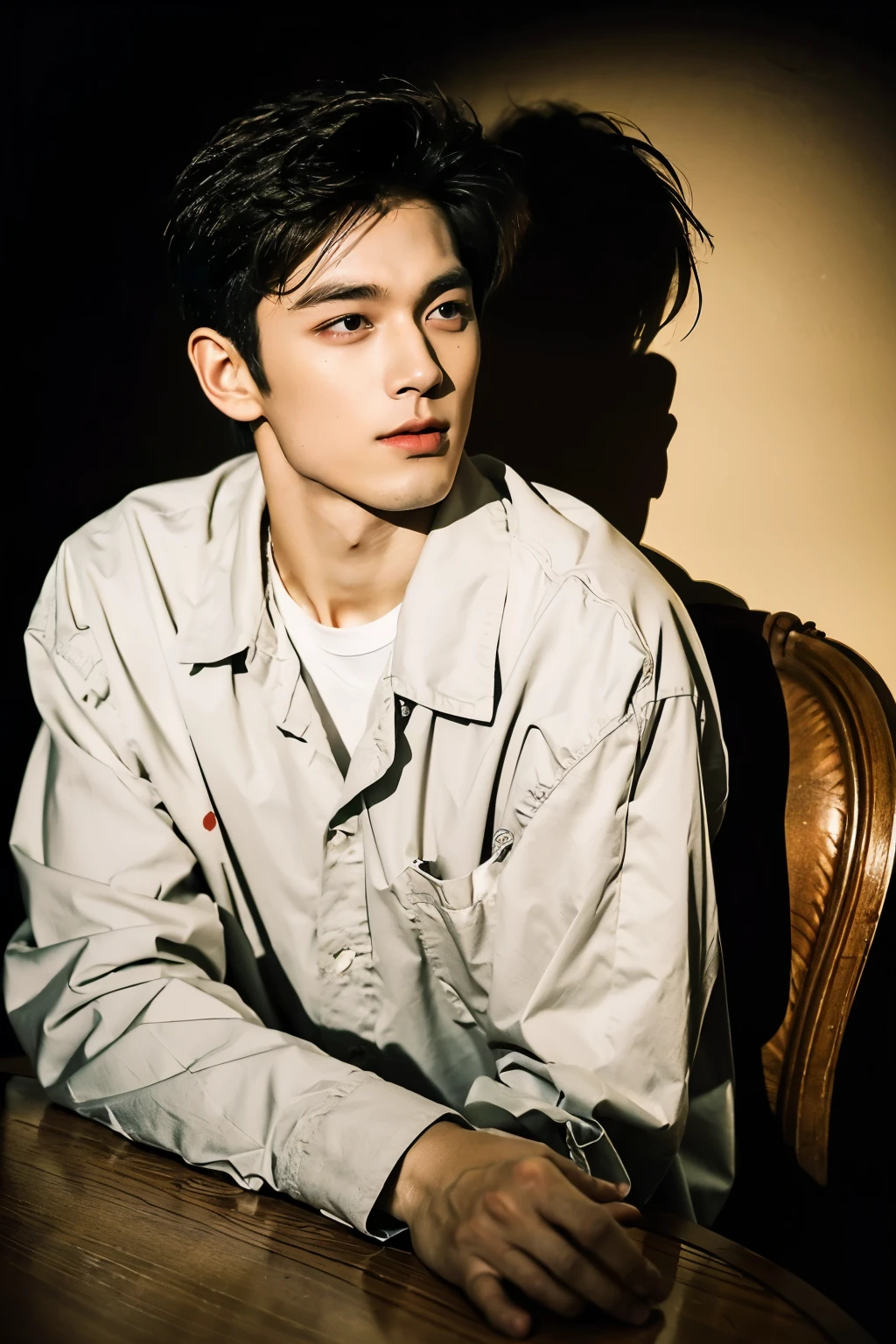 a handsome man cashier in a clothing store, sitting at a desk chair, wearing an elegant long-sleeved shirt, necklace accessories, tan skin tone, parted hairstyle, (best quality,4k,8k,highres,masterpiece:1.2),ultra-detailed,(realistic,photorealistic,photo-realistic:1.37),detailed face, detailed eyes, detailed nose, detailed lips, detailed hands, elegant pose, intricate clothing, studio lighting, dramatic shadows, warm color tones, cinematic atmosphere