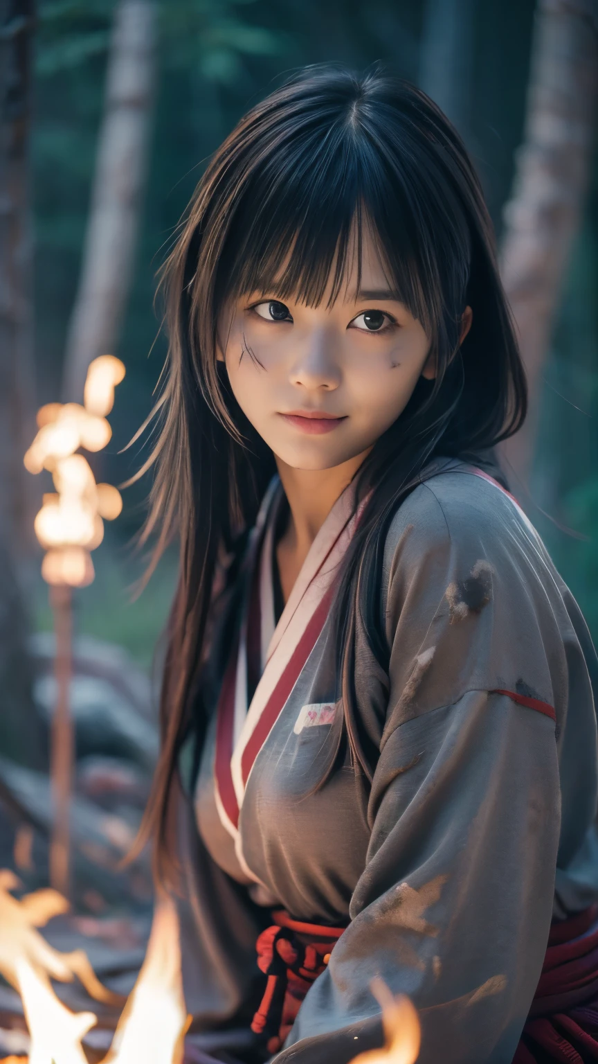 (Close up portrait of one slender small breast two side up black medium hair with bangs girl in a black colored dirty armor warrior as samurai in Japan :1.5)、(One girl take a rest near the bonfire on the wilderness land in old Japan with dirty little smile:1.5)、(Dark midnight background:1.5)、(blurred background:1.5)、(Natural light:1.5)、(8k ultra detailed master piece:1.5)、(perfect anatomy:1.5)、(Photorealistic stick:1.5)、(Raw photo:1.3)、(highest quality:1.5)、(High resolution:1.3)、(Delicate and beautiful perfect face:1.3)、(Delicate and beautiful eye air skin:1.3)、(Real Human Skin:1.3)、((thin legs))