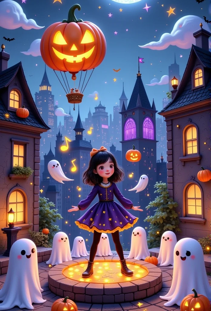 On the roof of the New York Roof, a Halloween concert, a young girl sings on a circular lighted stage, holding a microphone with cute shapes, surrounded by cute fluffy white ghosts listening to the song, the background is New York tall buildings, neon signs flashing, the whole scene is full of dreamy atmosphere. There's a pumpkin balloon in the sky with a sign that says "Halloween night" in 3D cartoon style,