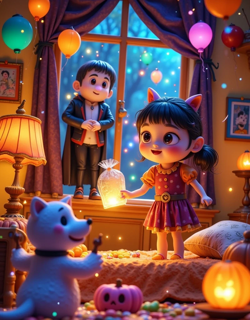 夜晚的indoor，A girl is sleeping in bed ，( A werewolf secretly placed a bag of candy by the girl's bedside:1.5)，( outside the window and the vampire and mummy are laughing watching :1.5)，Warm tones， cozy scene ，Pixar style，indoor， high contrast ，High Detail，Dark