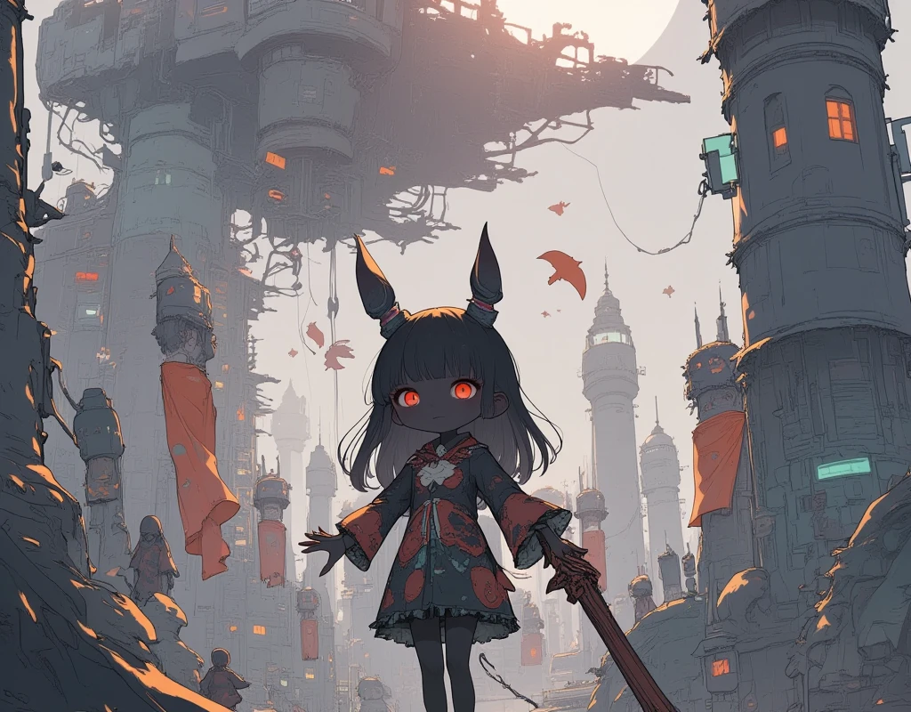 faded watercolor picture. sketch of 1 small girl in ultra wide shot ,she has black skin and short hair cut and animal ears ,red glow eyes, standing In a vast otherworldly landscape, a massive floating city hovers above a shimmering crystal lake. The city is constructed with intricate, neo-gothic architecture mixed with sleek, futuristic elements, and illuminated by glowing orbs and neon lights. Towering spires reach toward the heavens, and delicate bridges connect the floating platforms. Below, the crystal lake reflects the vibrant colors of the sky—a dazzling twilight with streaks of pink, purple, and gold. In the foreground, a majestic figure stands on the shore, clad in ornate armor with flowing, iridescent fabrics, holding a radiant staff that casts a beam of light across the water. Ethereal creatures, resembling glowing jellyfish and birds, float and flutter in the air, creating a sense of magic and awe. The image is rich with detail, capturing the interplay of light and shadow, reflections on the water, and the textures of the architecture and natural elements. A true masterpiece of imaginative fantasy.