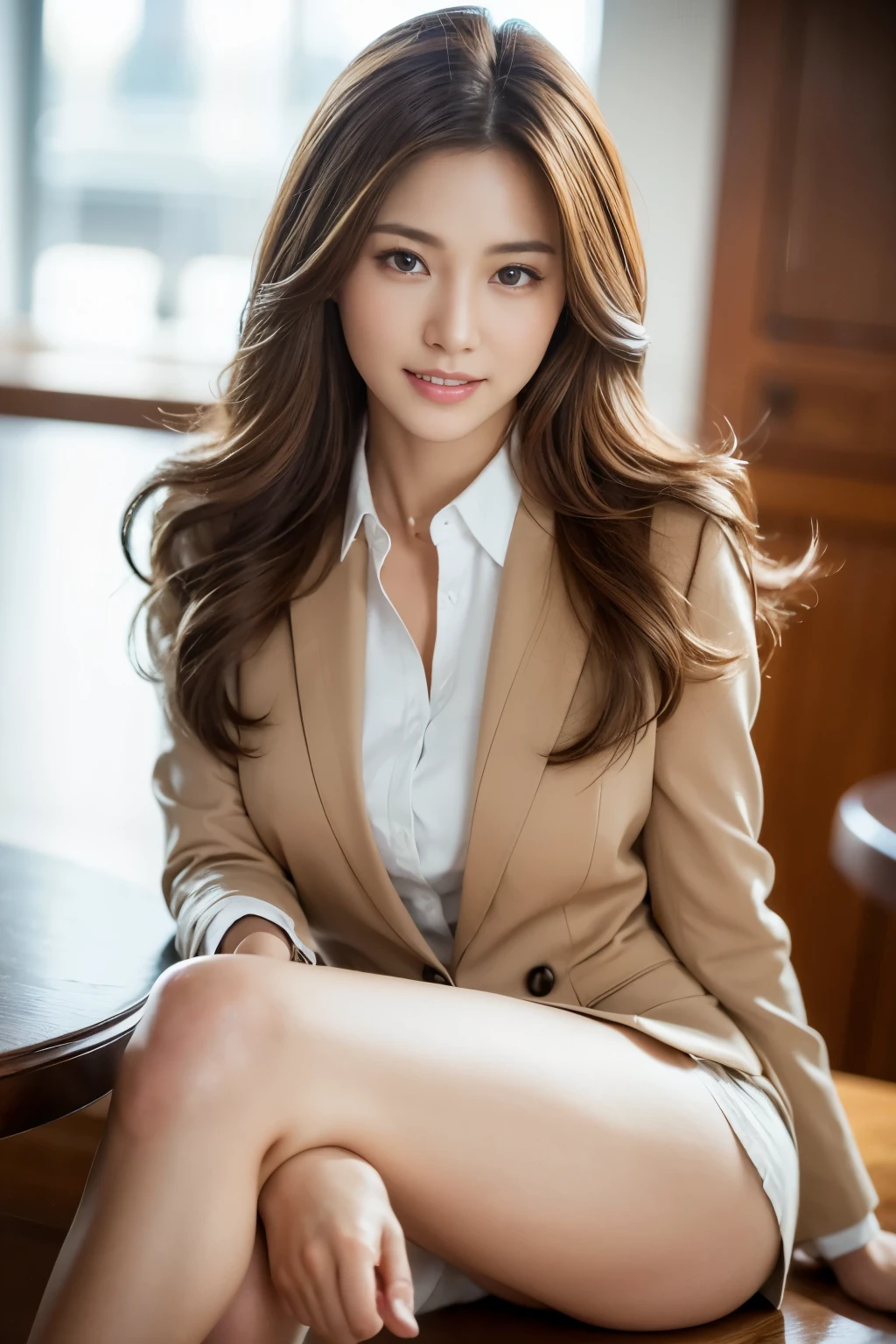 table top, highest quality, realistic, Super detailed, finely, High resolution, 8k wallpaper, 1 beautiful woman,, light brown messy hair, wearing a business suit, sharp focus, perfect dynamic composition, detailed and beautiful eyes, fine hair, Detailed and realistic skin texture, smile, model body shape、beautiful legs、sitting in the director's chair、short hair