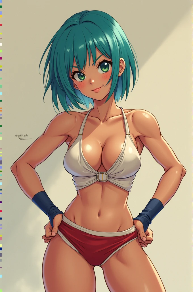 score_9, score_8_up, score_7_up, BREAK from front, ,macro shot,1girl,bulma, blue eyes, blue hair,bare shoulders, belt, cleavage, hair bobbles, hair ornament, hair over shoulder, mediumbreast,(pointy breasts),midriff, navel, one side up, red tube top, shorts, side ponytail, (strapless, tube top,under_boob:1.2),(arms up,arms uo behind,contrapost,standing),