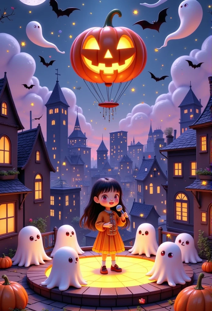 3D Model。3D Rendering。On the roof of the New York Roof, a Halloween concert, a young girl sings on a circular lighted stage, holding a microphone with cute shapes, surrounded by cute fluffy white ghosts listening to the song, the background is New York tall buildings, neon signs flashing, the whole scene is full of dreamy atmosphere. There's a pumpkin balloon in the sky with a sign that says "Halloween night" in 3D cartoon style,