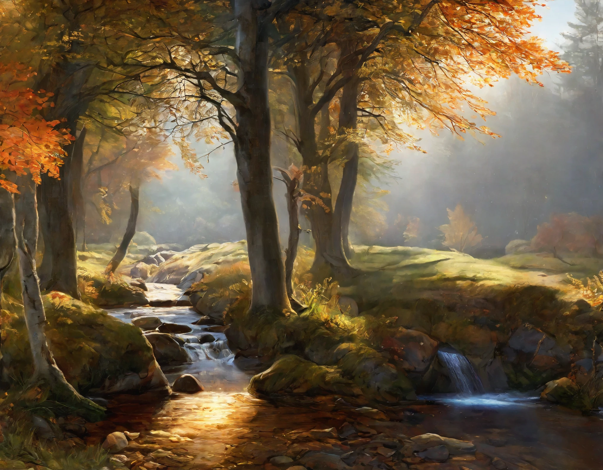 Genre painting, chiaroscuro, masterpiece, super detail, high details, best quality, 16k, highres, Landscape, forest, sunlight through the trees, brook, The murmur of a stream, Autumn, Fall Foliage, Quiet, calm atmosphere