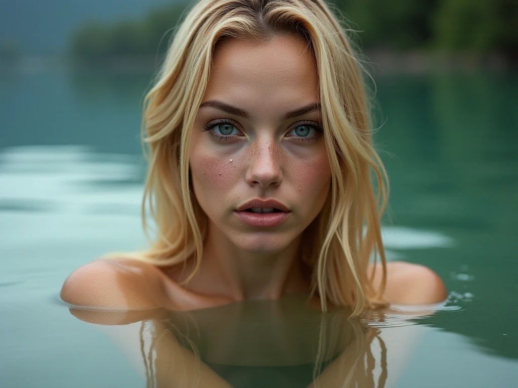 Close-up of a beautiful blonde woman emerging from a lake, wet hair and skin, view through wet lenses