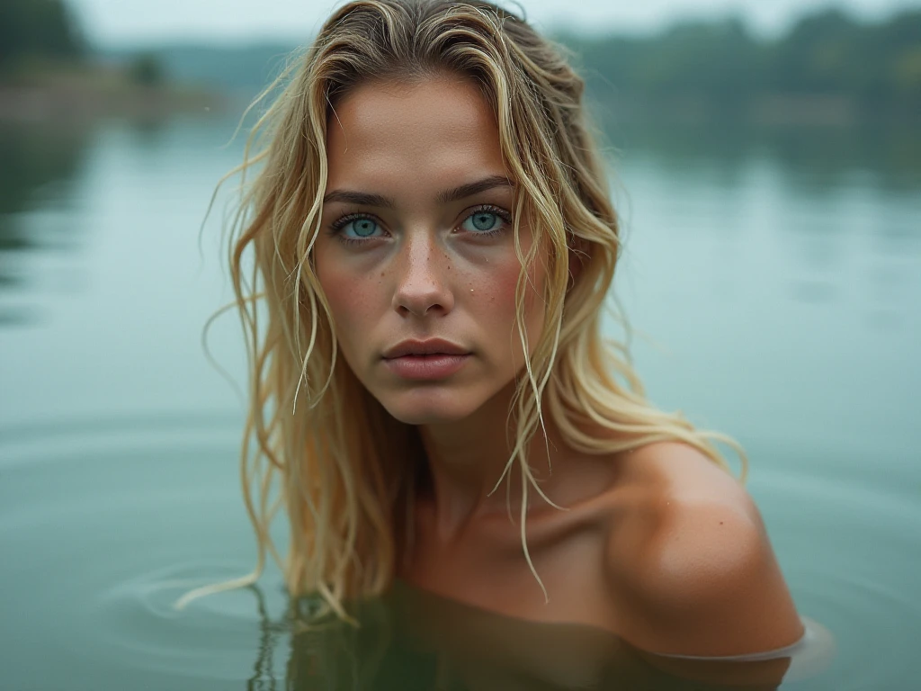 Close-up of a beautiful blonde woman emerging from a lake, wet hair and skin, view through wet lenses