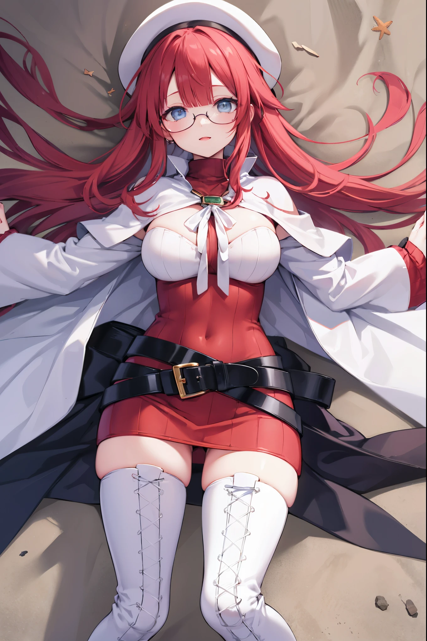 best quality, integrated scenery, integrated background, extremely delicate and beautiful, meticulous details, good composition, cute face, perfect face, perfect hands ,summonnightaty, aty, (young:1.3),long hair, blue eyes, red hair, large_breasts, hat, glasses,
BREAK long hair, thighhighs, dress,  glasses, belt, cape, sweater, turtleneck ,zettai ryouiki, beret, thigh boots, white footwear, ribbed sweater, loose belt,solo,
BREAK outdoors, fantasy,
,Highquality_hads,perfect_fingers,
BREAK , best quality, high resolution, unity 8k wallpaper, (illustration:0.8), (beautiful detailed eyes:1.6), extremely detailed face, perfect lighting, extremely detailed CG, (perfect hands, perfect anatomy),(covered_nipples:0.6),(covered_navel:0.6) ,half_eyes,sleepy_eyes,red_sweater,rise_knee,light_Smile,rise_hand,open_arms,beach_landscape,plump,open_mouth,solo, lie_down,,incoming_hug,open_arms,