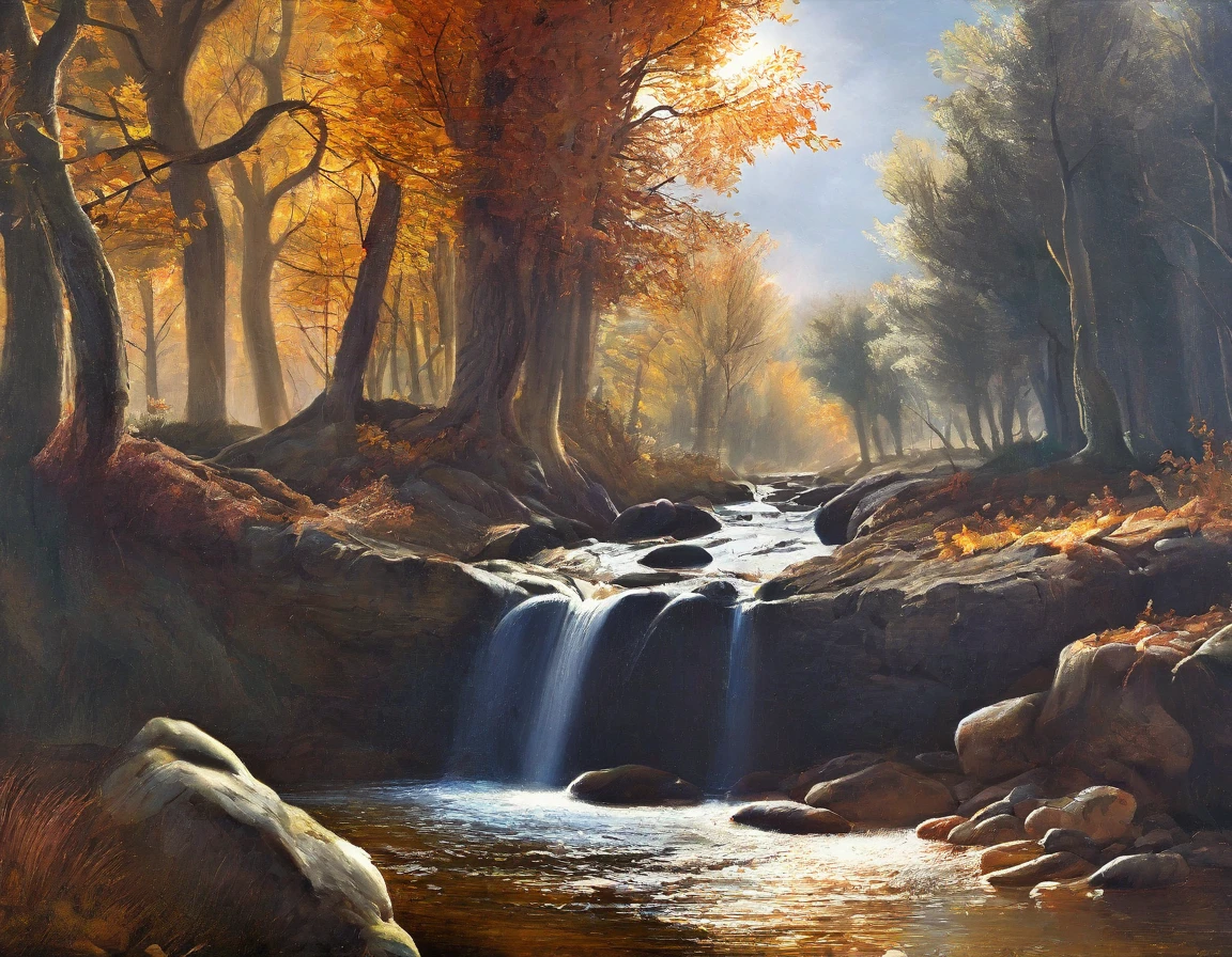 Genre painting, chiaroscuro, masterpiece, super detail, high details, best quality, 16k, highres, Landscape, forest, sunlight through the trees, brook, The murmur of a stream, Autumn, Fall Foliage, Quiet, calm atmosphere