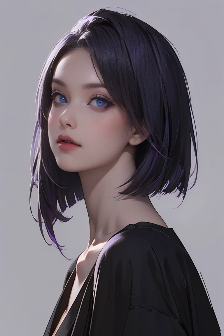 ( best quality , sketch:1.2),Realistic,Illustrator,Anime, 1 girl, Detailed lips,sweater,custom, Dark Background,Neon Hair, Texture Cropping ,Japan, masterpiece,  style retro classic  , Noir Dark, art, sketch book, (bob hair purple :1.35, black:1.55), Bad Girl 、Glare