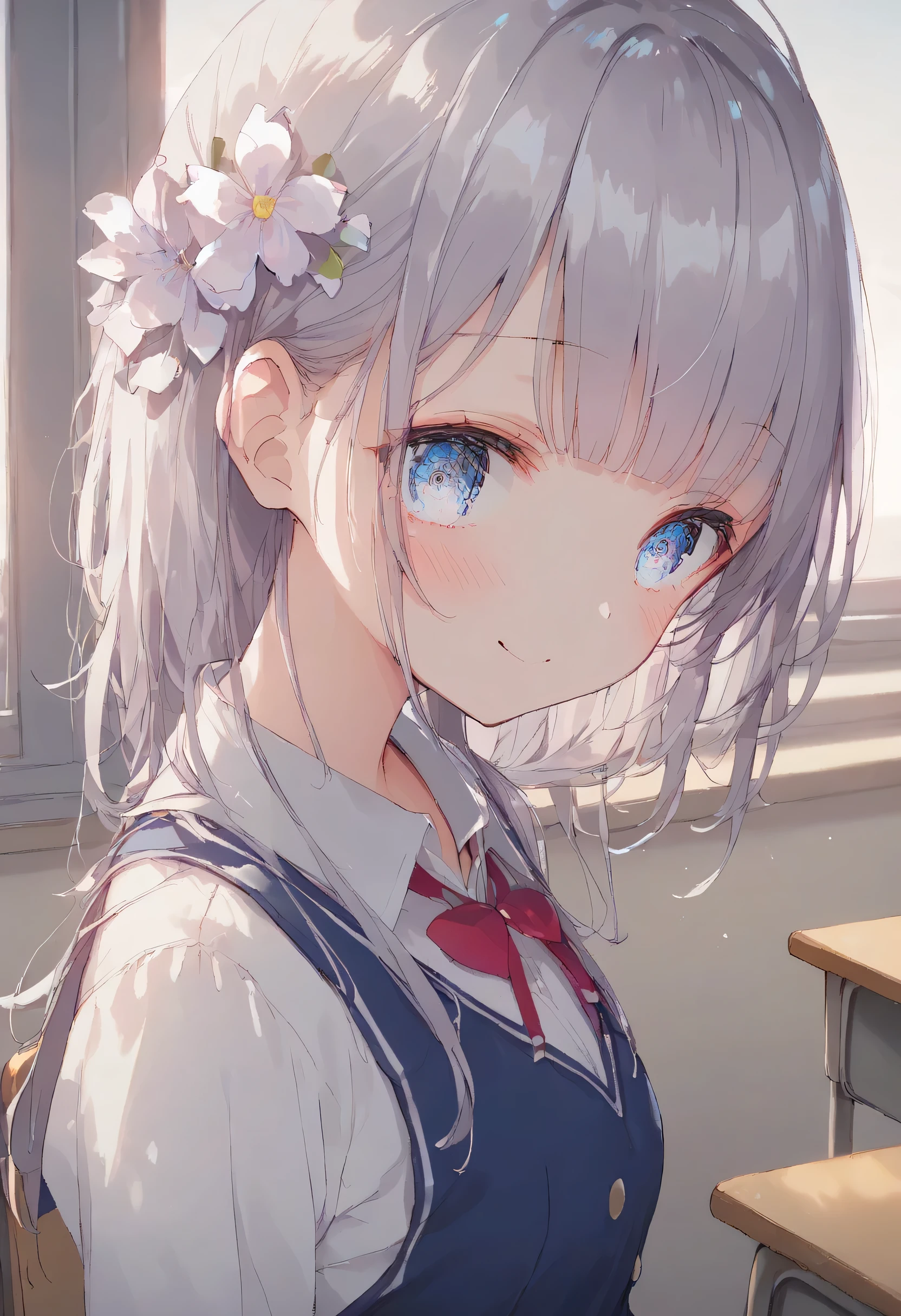 
score_9, score_8_up, score_7_up, score_6_up, score_5_up, score_4_up, masterpiece, best quality, source_anime,
alone,cute 1girl,(****),blunt bangs,Silver Hair、,blush, smile,(Student Uniform), classroom,arched back、 beautiful flower field on one side 、Look down and smile、Lift skirt、(beautiful detailed eyes),(alisa mikhailovna kujou)