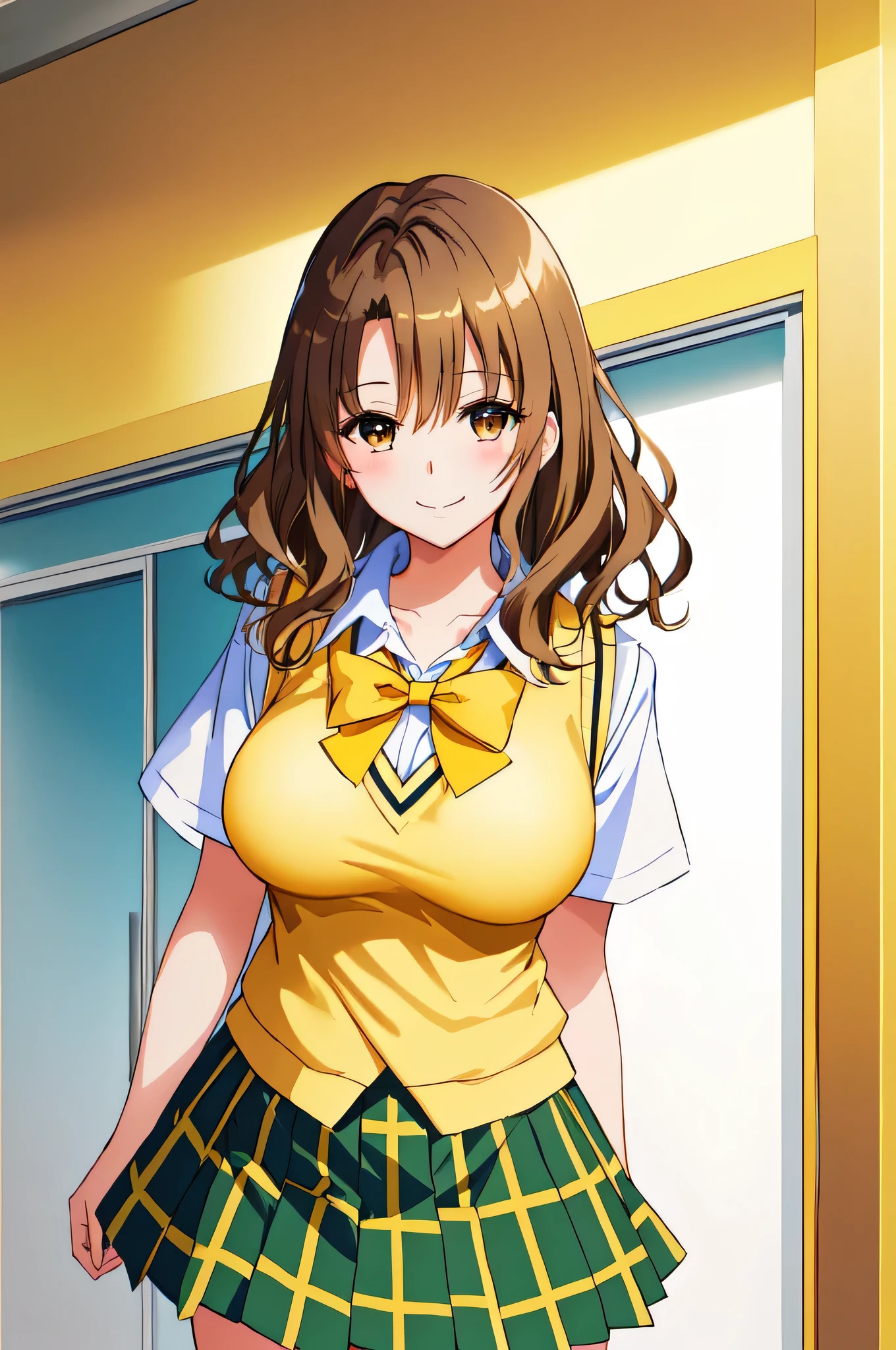  female anime images 、Anime Women、alone、Game CG flavor 、masterpiece、Best Quality、 Kampala 、Woman with short brown hair、Brown eyed woman、 Wave Hair 、Big Breasts、 very big breasts、Tall Woman、 clavicle 、 school uniform、 female high school students、Collared shirt、 white shirt 、Sweater vest、(Yellow vest:1.2)、Short sleeve、Green bow tie、 Plaid Skirt、 green skirt、 pleated skirt、White socks、 where the opening is 、A woman is standing、 cowboy shot 、Outdoor、 sexy vibe 、 perfect proportions、Grin、Female focus、looking at viewer、 don't mess around 、Enchanting Anime Women、Big Breasts!、Also、Naughty anime style、Naughty、 hyper realistic high school girl 、Big Breasts!!、