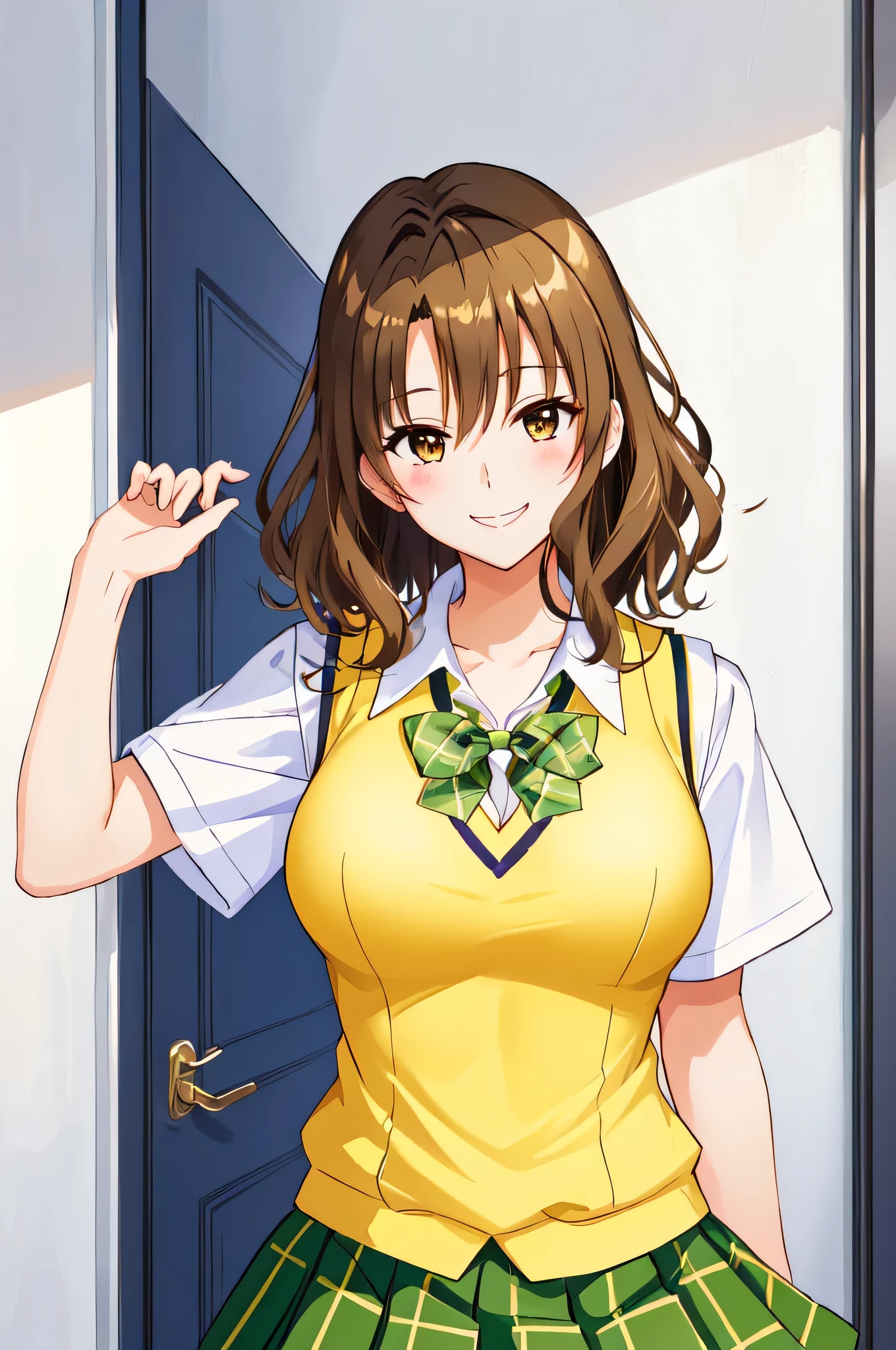  female anime images 、Anime Women、alone、Game CG flavor 、masterpiece、Best Quality、 Kampala 、Woman with short brown hair、Brown eyed woman、 Wave Hair 、Big Breasts、 very big breasts、Tall Woman、 clavicle 、 school uniform、 female high school students、Collared shirt、 white shirt 、Sweater vest、(Yellow vest:1.2)、Short sleeve、Green bow tie、 Plaid Skirt、 green skirt、 pleated skirt、White socks、 where the opening is 、A woman is standing、 cowboy shot 、Outdoor、 sexy vibe 、 perfect proportions、Grin、Female focus、looking at viewer、 don't mess around 、Enchanting Anime Women、Big Breasts!、Also、Naughty anime style、Naughty、 hyper realistic high school girl 、Big Breasts!!、