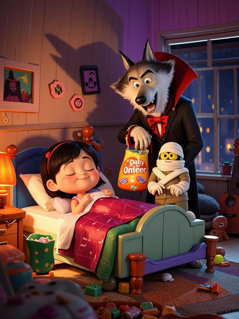 夜晚的indoor，A girl is sleeping in bed ，( A werewolf secretly placed a bag of candy by the girl's bedside:1.5)，( outside the window and the vampire and mummy are laughing watching :1.5)，Warm tones， cozy scene ，Pixar style，indoor， high contrast ，High Detail，Dark