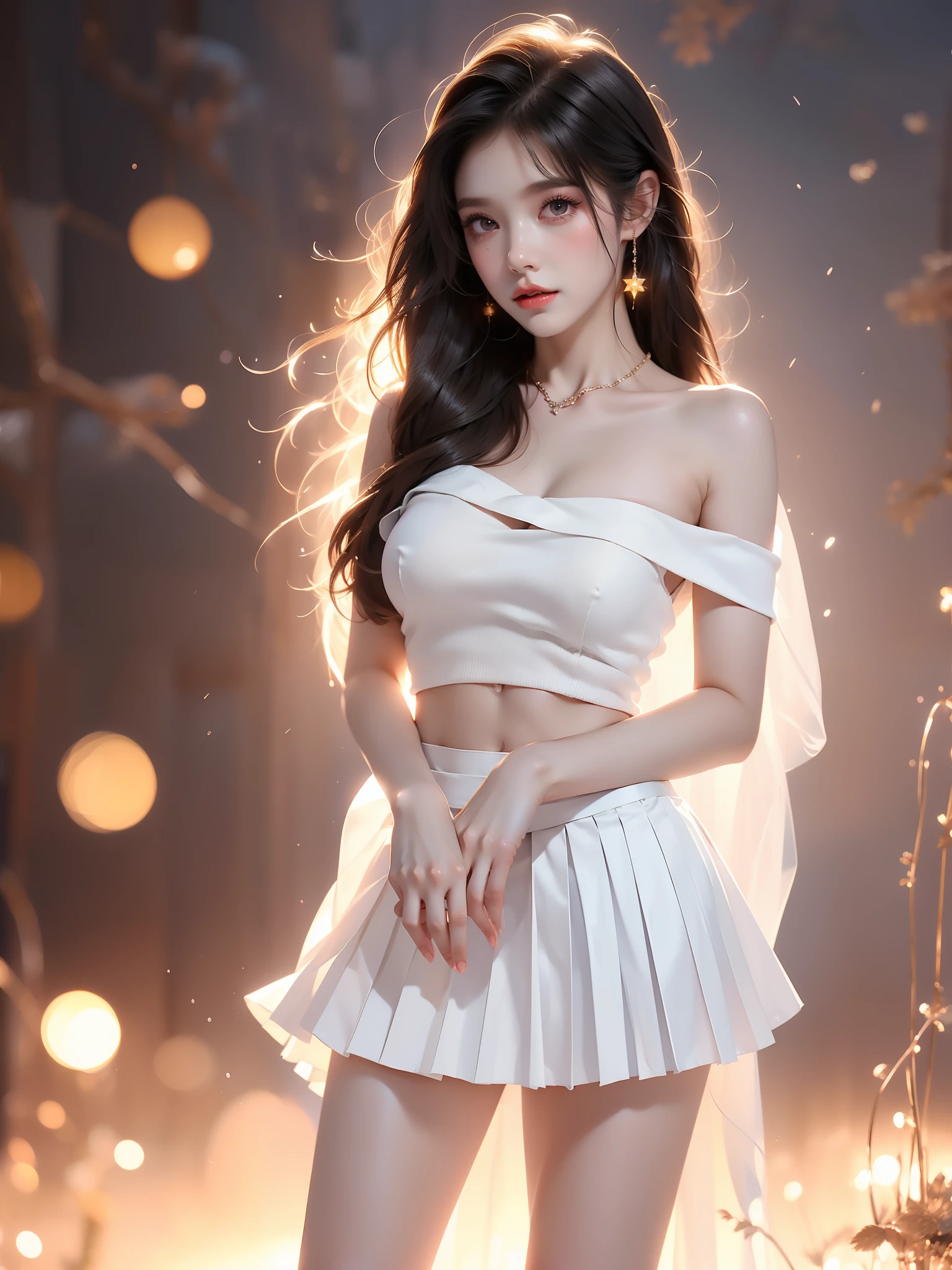 combat uniform , ((full body)), (Asian beauty: 1.3), girl, solo, ((single bare shoulder)), ((Pleated skirts, short skirts, , very short hemline)), (toned body: 1.2), (naturally large breasts: 1.1), (visible cleavage: 0.8), (smooth flawless skin: 1.2), (perfect anatomical proportions: 1.3), (anatomically correct legs: 1.3), (elegantly long legs: 1.3), 1.1) Hands gently lift the skirt, (detailed features: 1.2), (big bright eyes: 1.1), (long eyelashes: 1.1), charming smile, gentle and confident expression, Head slightly tilted, long flowing hair, (night scene: 1.1), (starry sky: 1.0), (space background: 0.9), (professional soft light: 1.2), (warm tone: 1.1), (Masterpiece: 1.4), (Super Detail: 1.3), (Sharp focus: 1.2), (Realistic: 1.2), (Hi-Fi: 1.1)