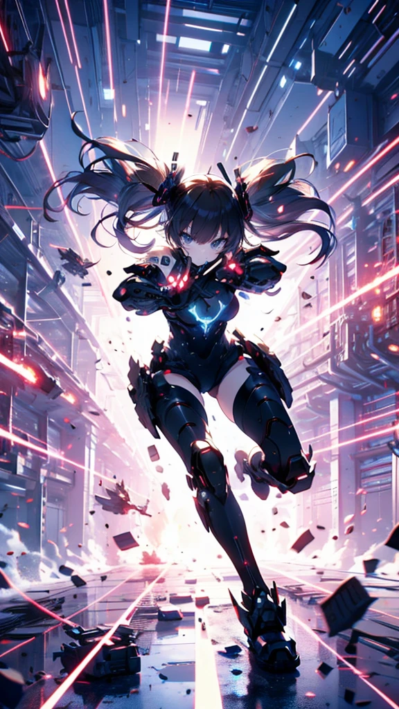 8K,Ultra Detail,ultra-quality,ultra precision,ultimate masutepiece,No extra arms,No extra legs,No extra fingers,No extra hands,heavy powerd armor girl,twin tail hair,future Cyber world,combat pose,