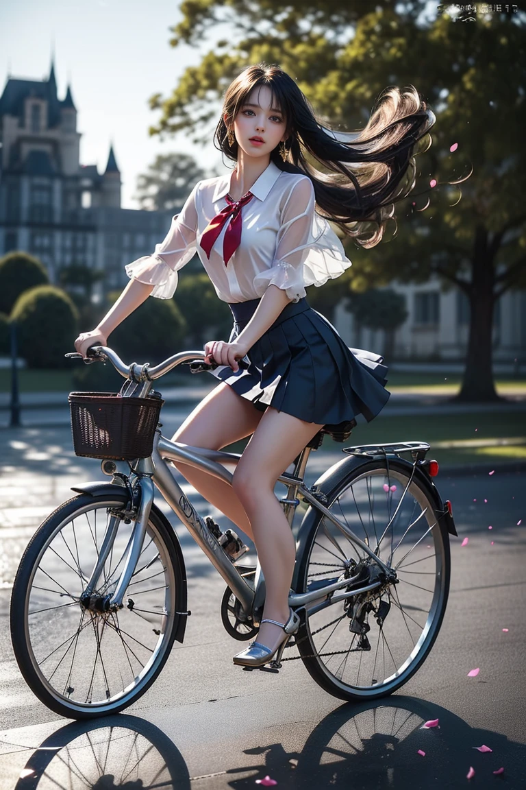 (( girl riding an antique and simple bicycle in a lakeside park))、Fluorescent color、 one girl 、Look to the side、Beautiful Face、 beautiful eyes、(Big Blue Eyes)、( Silver Dull Eyes ) (Her body lines are clear due to strong winds ）、Shiny Hair、Glowing Skin、Glare Reduction 、 Finger Proportion Adjustment 、Escrow、Bat View、（silhouette）、 dynamic angles 、Master Parts、（Best Quality クオリティ）、（Super detailed）、（Illustration）、（Detailed light）、（ very delicate and beautiful）、 Dramatic Shadows 、(Riding a bicycle)、reflection、超 Kampala、（Master Parts）、（Super detailed）、（Illustration）、（Detailed light）、（ very delicate and beautiful）、 Dramatic Shadows 、 ray tracing、reflection、超 Kampala  Kampala、（Master Parts）、（Best Quality）、（Ultra HD）、 Kampala、（ Colorful Hair and Mesh ）、( hair fluttering in the wind)、（big、 Blue Eyes）、Silver Hair、Hair woman、Sparkling butterfly、 Sparkling Petals 、黒Hair woman、Point of Light。Magical Aura、Green dot、The true nature of aura、Magical Aura黒Hair woman、(( white blouse、Red tie、navy blue check flared miniskirt：1. 3）、（ Skirt Flutters in the Wind ）、（(Riding a bicycle)）（Petals are dancing）、（ White Panties Visible ）、（ Full Body Shot ）、slim、（Long legs）、（High heels）、(A girl riding an antique bicycle in the lakeside park with a hazy European castle in the background )