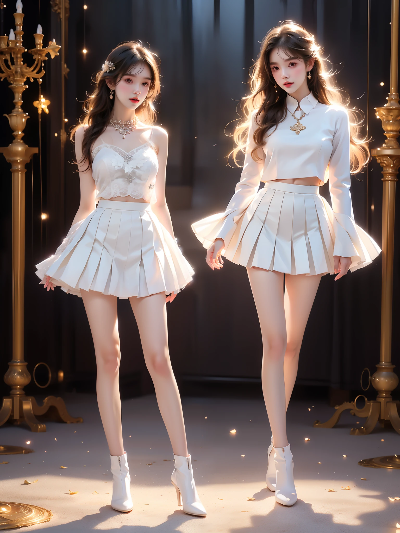 liliai,white shoes, , ((full body)), (Asian beauty: 1.3), girl, solo,  ((Pleated skirts, short skirts, , very short hemline)), (toned body: 1.2), (naturally large breasts: 1.1), (visible cleavage: 0.8), (smooth flawless skin: 1.2), (perfect anatomical proportions: 1.3), (anatomically correct legs: 1.3), (elegantly long legs: 1.3), 1.1) Hands gently lift the skirt, (detailed features: 1.2), (big bright eyes: 1.1), (long eyelashes: 1.1), charming smile, gentle and confident expression, Head slightly tilted, long flowing hair, (night scene: 1.1), (starry sky: 1.0), (space background: 0.9), (professional soft light: 1.2), (warm tone: 1.1), (Masterpiece: 1.4), (Super Detail: 1.3), (Sharp focus: 1.2), (Realistic: 1.2), (Hi-Fi: 1.1)