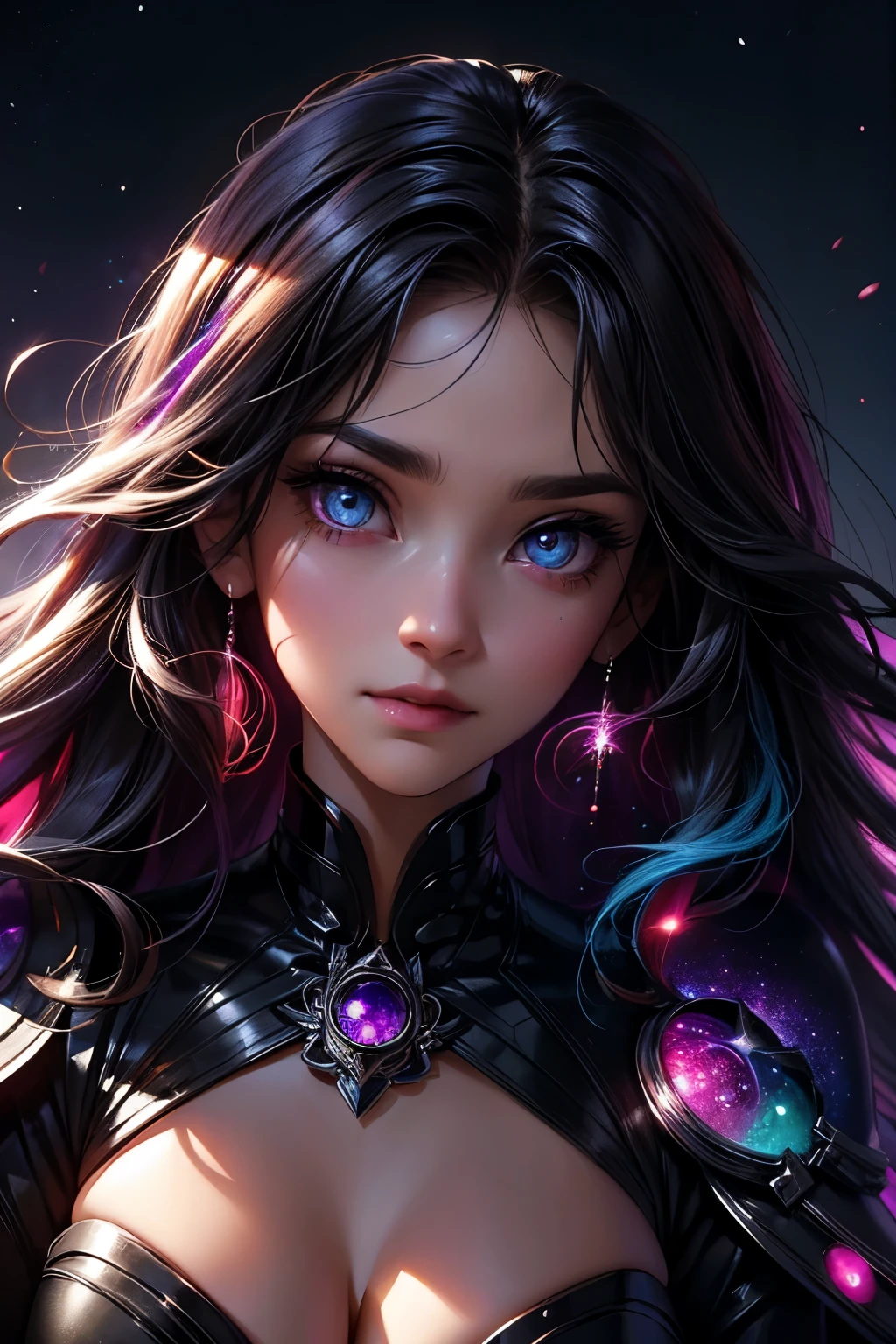 (This is a beautiful fantasy image that feels interesting.) Generate a pretty magical (((blind))) woman with colorful curly hair and detailed galaxy eyes. Her face is important should be perfectly formed with puffy lips and perfect features. (Her eyes are important and are shimmering and ((colorful)) with bright, glittering details.) Her clothing is colorful and has all the colors of the rainbow, giving the appearance of a rainbow. Utilize dynamic composition to create a compelling and interesting image that appeals to viewers. She has an unmarked face. Use dramatic lighting and cinematic lighting to enhance the overall quality of the image. Fantasy, cute, colorful, compelling, energetic, (smirking), ((colorful eyes)), (((galaxy eyes))), ((multi colors eyes)), (tri colors eyes), (tie dye eyes)
