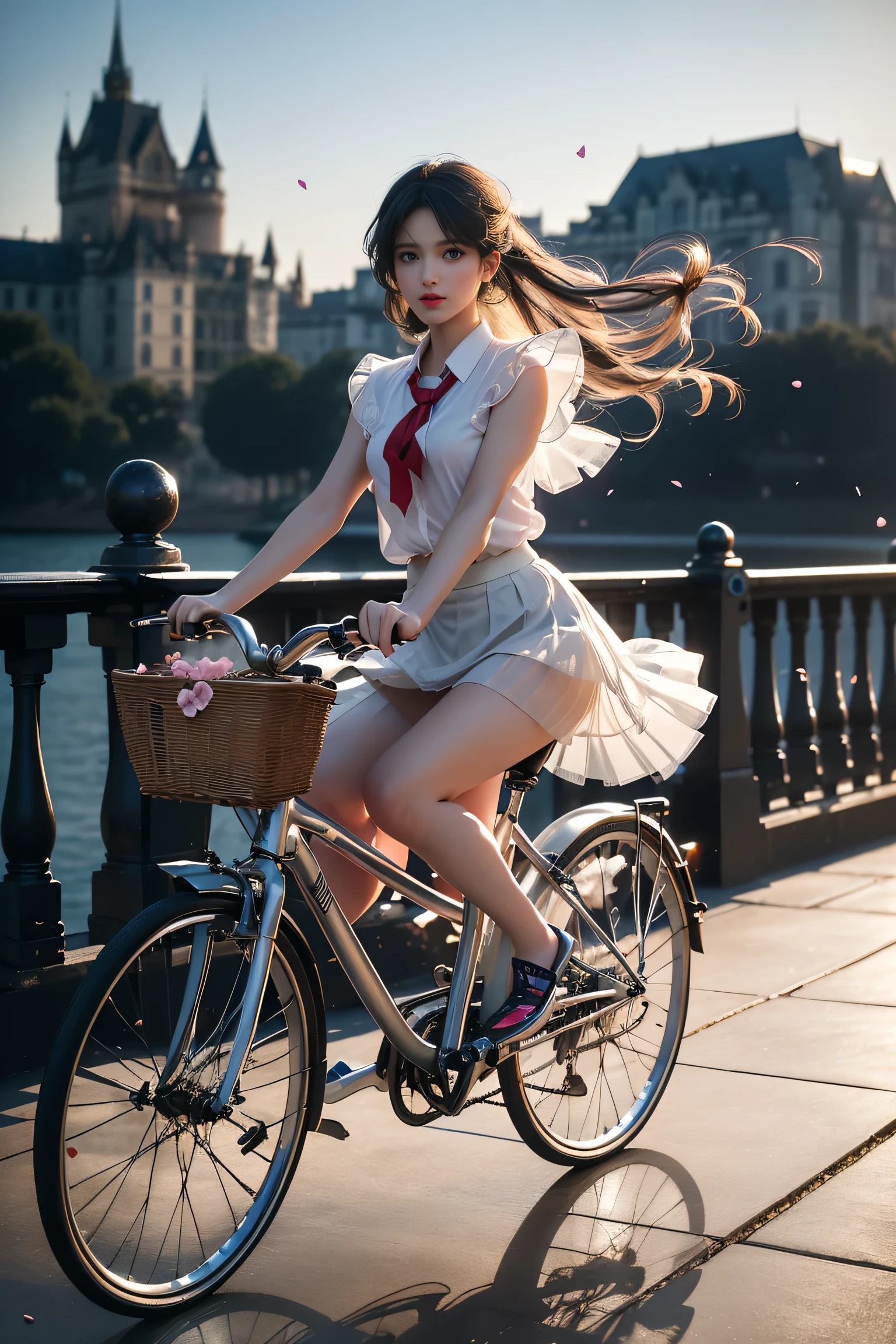 ((Girl riding an antique and simple bicycle in lakeside park))、Fluorescent color、 one girl 、Look to the side、Beautiful Face、 beautiful eyes、(Big Blue Eyes)、( Silver Dull Eyes ) (Her body lines are clear due to strong winds ）、Shiny Hair、Glowing Skin、Glare Reduction 、 Finger Proportion Adjustment 、Escrow、Bat View、（silhouette）、 dynamic angles 、Master Parts、（Best Quality クオリティ）、（Super detailed）、（Illustration）、（Detailed light）、（ very delicate and beautiful）、 Dramatic Shadows 、(Riding a bicycle)、reflection、超 Kampala、（Master Parts）、（Super detailed）、（Illustration）、（Detailed light）、（ very delicate and beautiful）、 Dramatic Shadows 、 ray tracing、reflection、超 Kampala  Kampala、（Master Parts）、（Best Quality）、（Ultra HD）、 Kampala、（ Colorful Hair and Mesh ）、( hair fluttering in the wind)、（big、 Blue Eyes）、Silver Hair、Hair woman、Sparkling butterfly、 Sparkling Petals 、黒Hair woman、Point of Light。Magical Aura、Green dot、The true nature of aura、Magical Aura黒Hair woman、(( white blouse、Red tie、checked flared miniskirt ：1. 3）、（ sleeveless）、（ Skirt Flutters in the Wind ）、（(Riding a bicycle)）（Petals are dancing）、（ White Panties Visible ）、（ Full Body Shot ）、slim、（Long legs）、（High heels）、(A girl riding an antique bicycle in the lakeside park with a hazy European castle in the background )