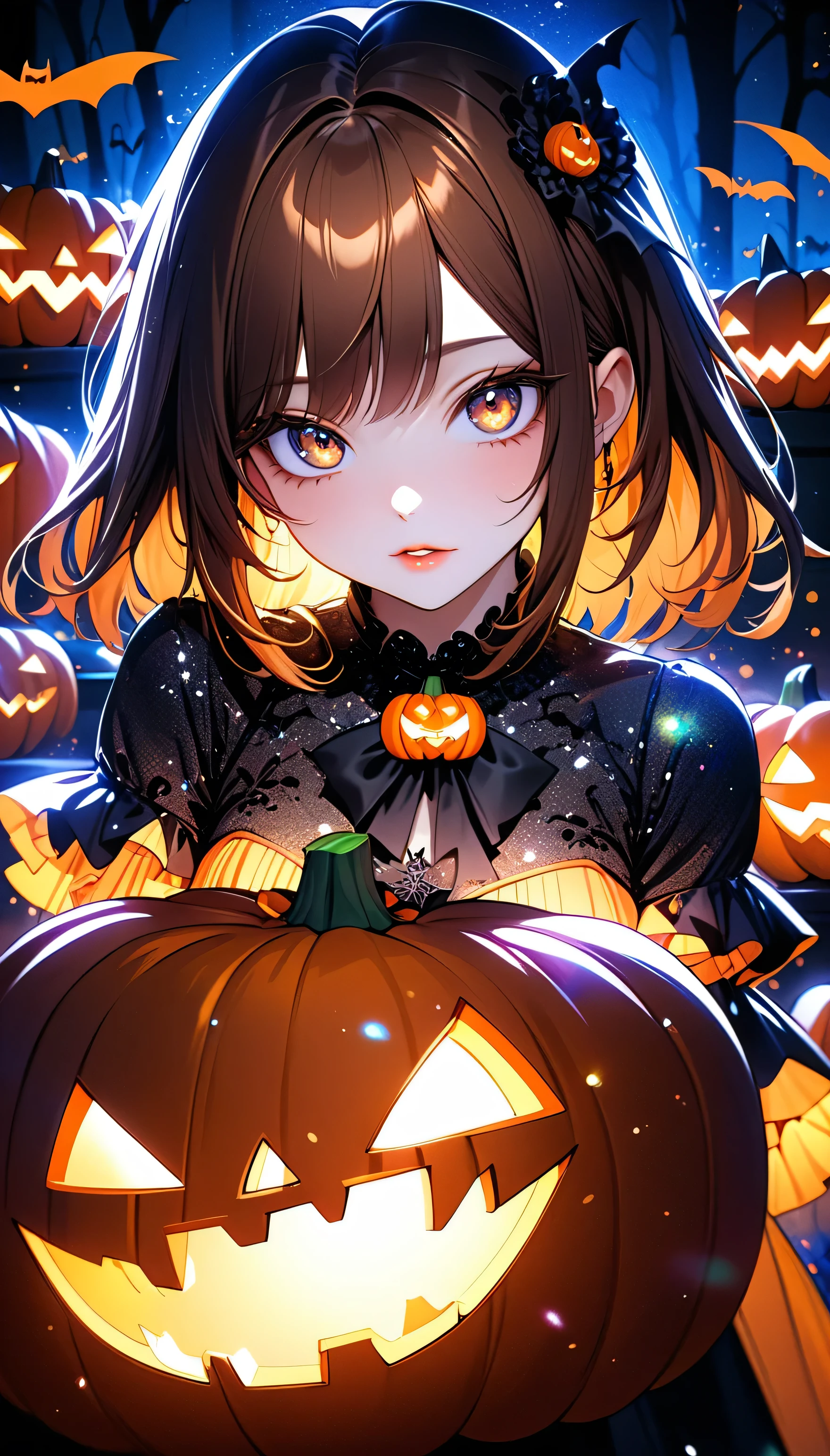 (beautiful girl:1.3),masterpiece,Please redeem,Ultra-high resolution,rich contrast,Very high quality,8k,Highly detailed CG unit wallpaper,Texture,So ridiculous,RAW Photos,Highest quality anime,Depth of written boundary 1.2,ultra-detailed eyes,Glowing Skin,Glitter Effect,Beautiful glossy lips,(double pumpkinbuns,Brown Hair),( Halloween ),Looks like she&#39;s about 15,ROUGH,(The tip of the skirt is equipped with a round light that emits yellow light).big and round butt,girl　Alone, fantastic,(Rear View:2.0),(Close-up on the nape:2.0),(smile, closed mouth),