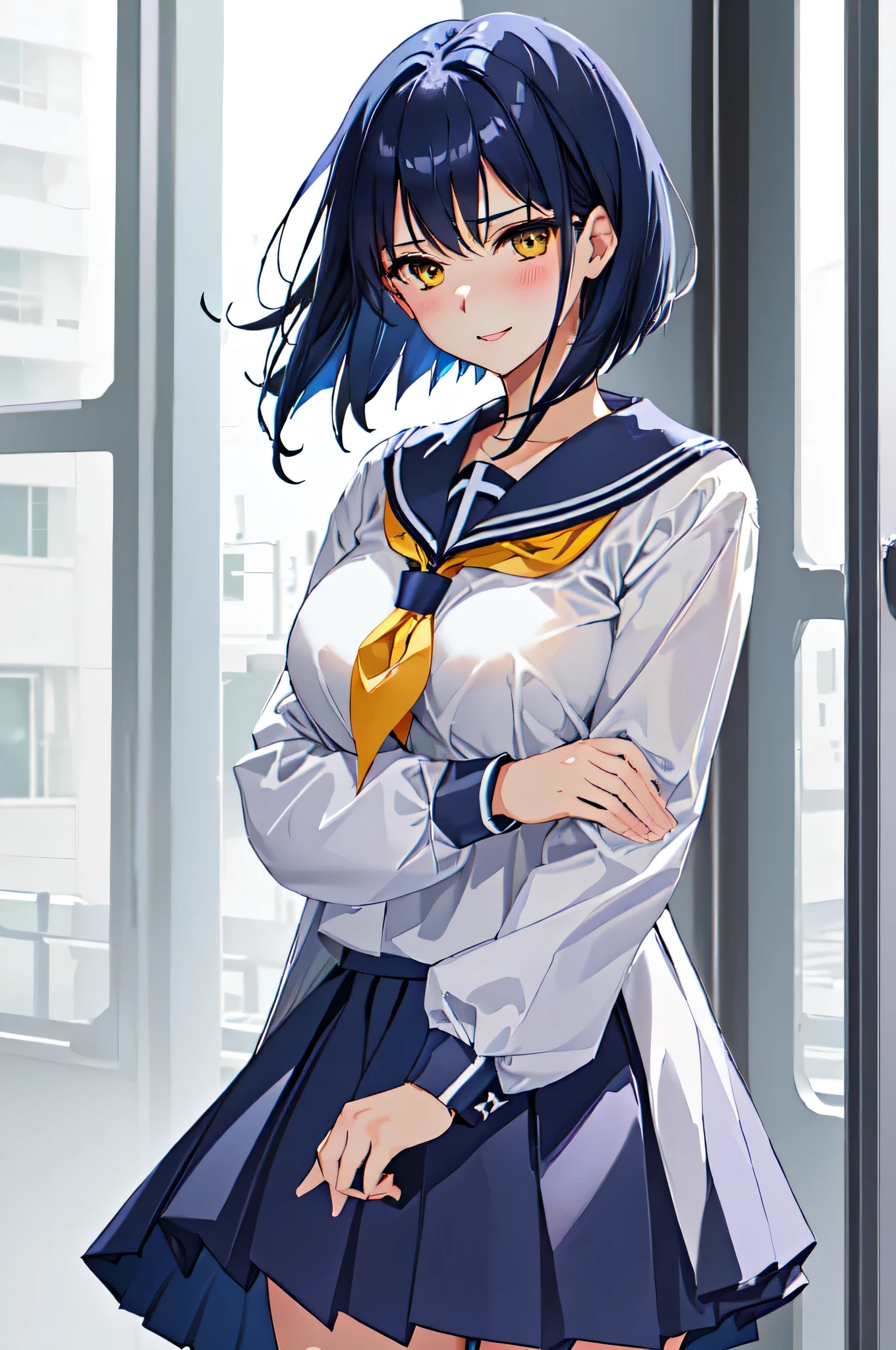 Anime Women、Alone、Game CG flavor 、masterpiece、Best Quality、 Kampala、Woman with short dark blue hair、Yellow Eyes、 bob cut、Scarface、Big Breasts、 woman with very large breasts 、Tall Woman、clavicle、 school uniform、 female high school students、Sailor suit、 white shirt 、Navy blue sailor collar、 medium penis 、 Long Sleeve 、Navy Blue Skirt、 pleated skirt、Navy blue socks、 is closing its mouth 、A woman is standing、School classroom、 cool vibe 、Nihilistic laughter、 cowboy shot 、 perfect proportions、Female focus、looking at viewer、! 4K、a hyperRealistic school girl、Realistic school girl、hyperRealistic school girl、