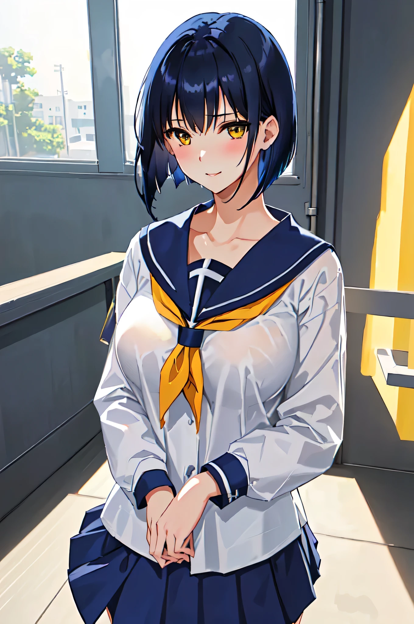 Anime Women、Alone、Game CG flavor 、masterpiece、Best Quality、 Kampala、Woman with short dark blue hair、Yellow Eyes、 bob cut、Scarface、Big Breasts、 woman with very large breasts 、Tall Woman、clavicle、 school uniform、 female high school students、Sailor suit、 white shirt 、Navy blue sailor collar、 medium penis 、 Long Sleeve 、Navy Blue Skirt、 pleated skirt、Navy blue socks、 is closing its mouth 、A woman is standing、School classroom、 cool vibe 、Nihilistic laughter、 cowboy shot 、 perfect proportions、Female focus、looking at viewer、! 4K、a hyperRealistic school girl、Realistic school girl、hyperRealistic school girl、