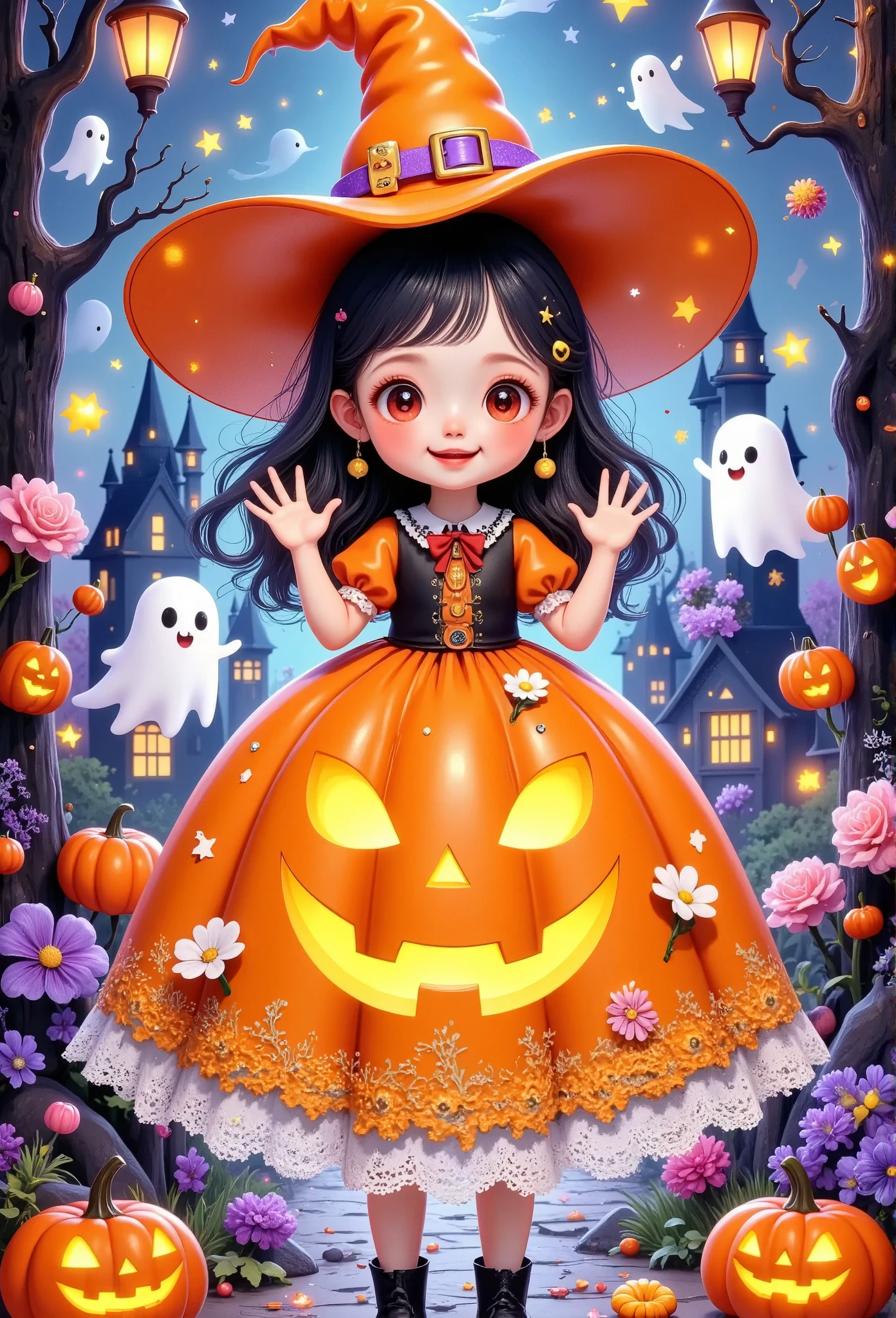 pastel colorclean background3d,Halloween poster with a large pumpkin in the middle, in the style of vray, cartoon mis-en-scene, meticulous design, soft renderings, yellow and pink,pop,C4D,OC,Blender,