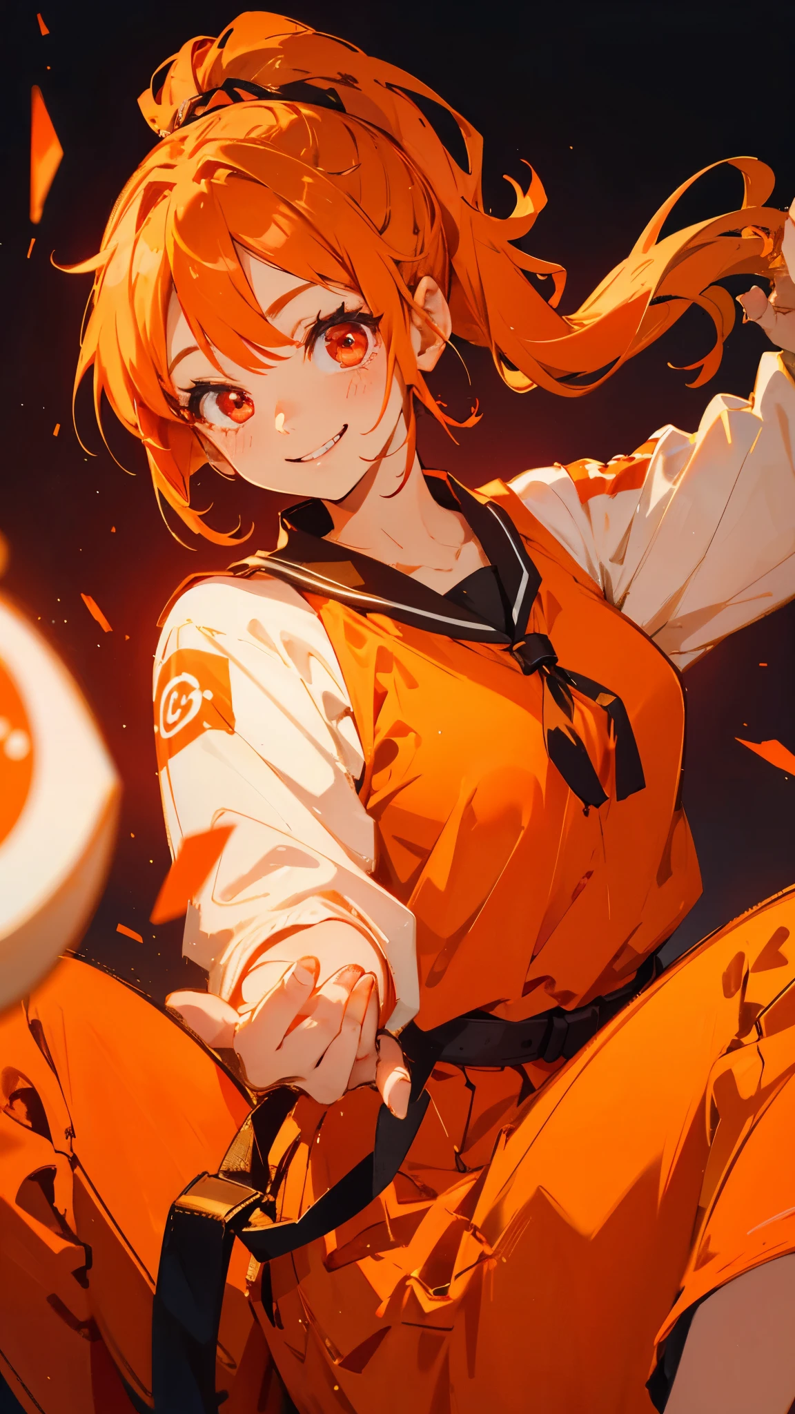  1 girl 、 orange clothes、 orange hair holding、 ponytail、 Red Eyes、smile